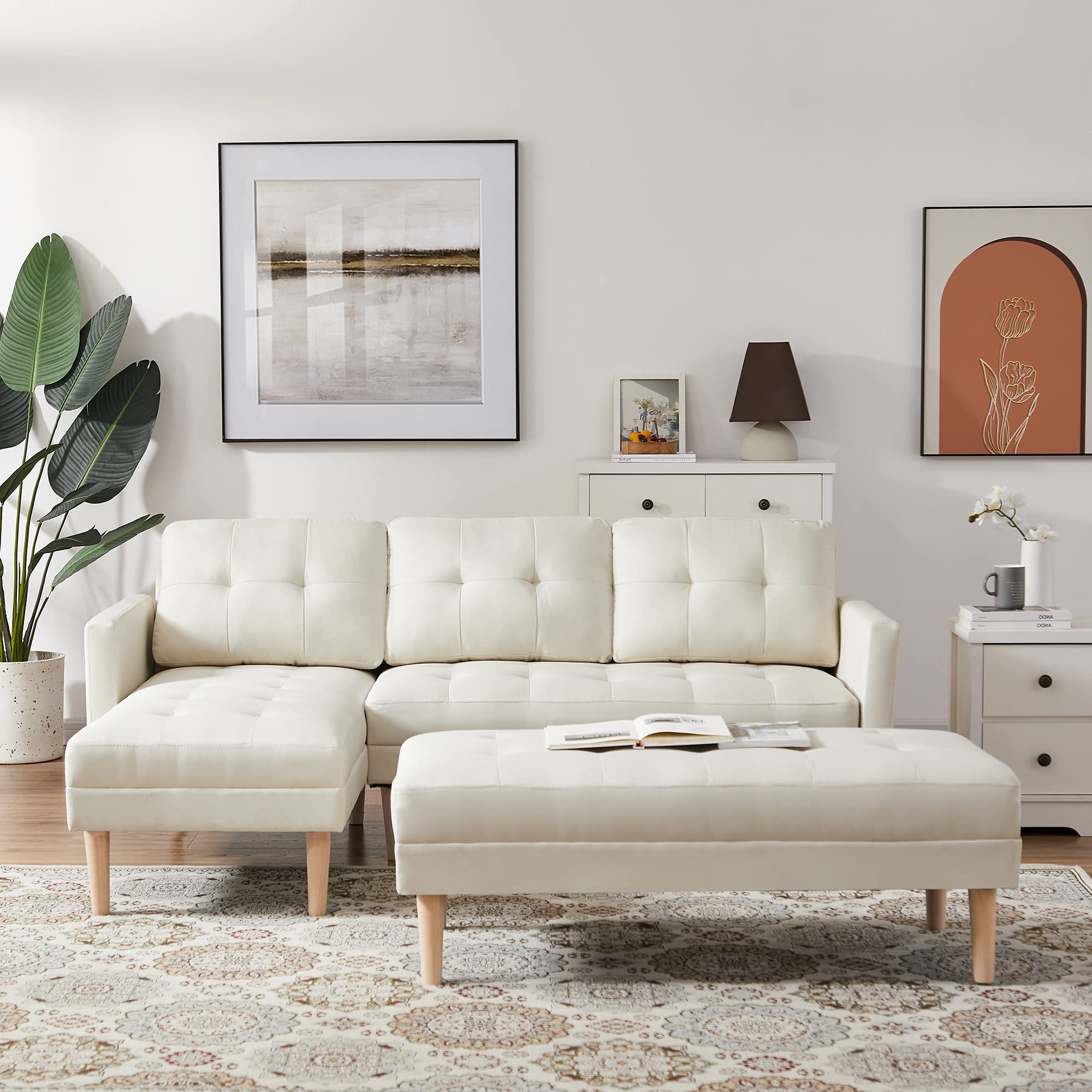 Beige L-Shaped Sectional Sofa Bed with Chaise Lounge & Ottoman Bench - Convertible Sleeper Sofa for Small Spaces, Living Room, Apartment & Guest Room