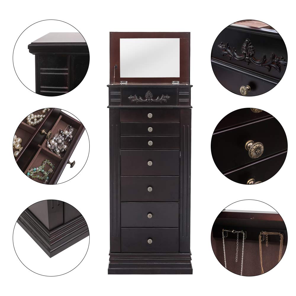 Henf Standing Jewelry Armoire Cabinet with Mirror - Large Jewelry Storage Chest with 8 Drawers, 2 Side Doors & 16 Necklace Hooks | Perfect for Bedroom, Closet & Dressing Room Organization