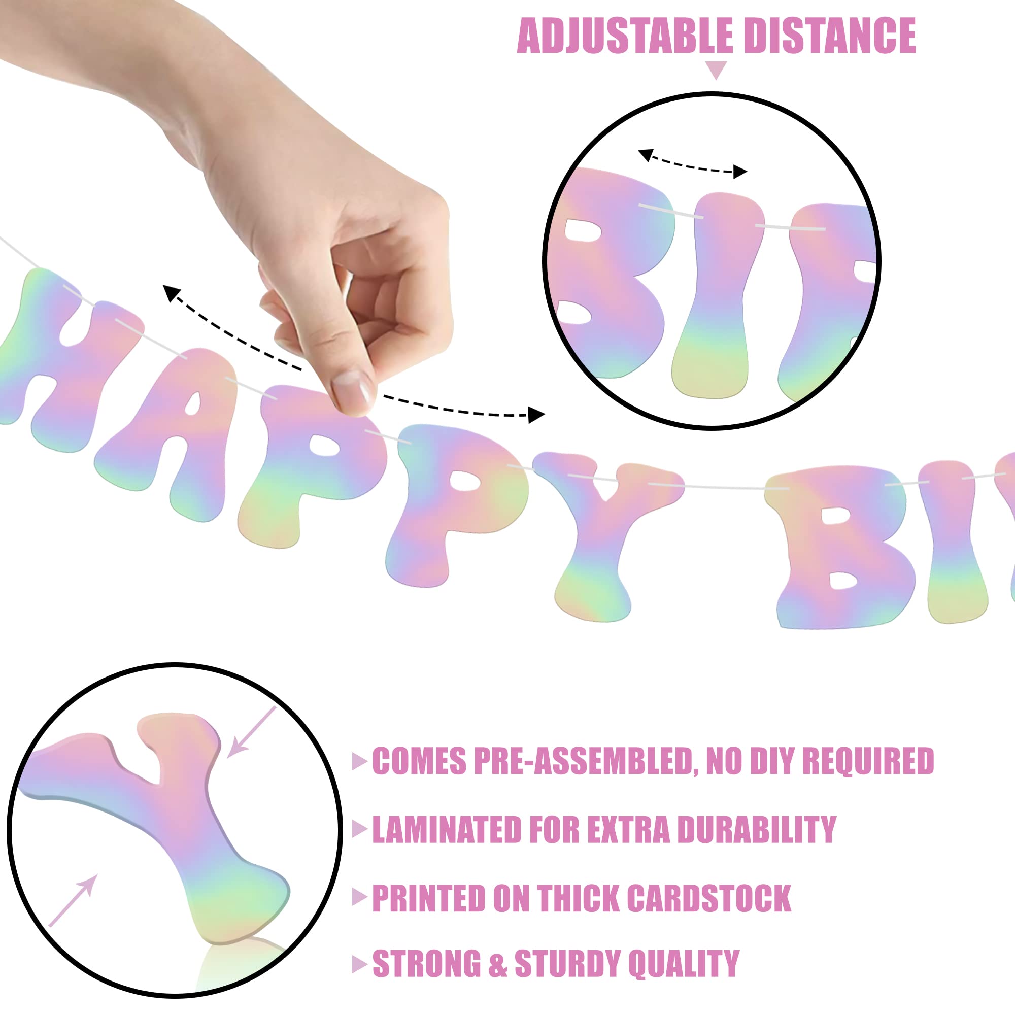KatchOn 10ft Iridescent Happy Birthday Banner - Prestrung Disco Party Sign, Holographic Birthday Decor for Women | Perfect for Disco Themed Parties, Birthday Celebrations & Home Decorations