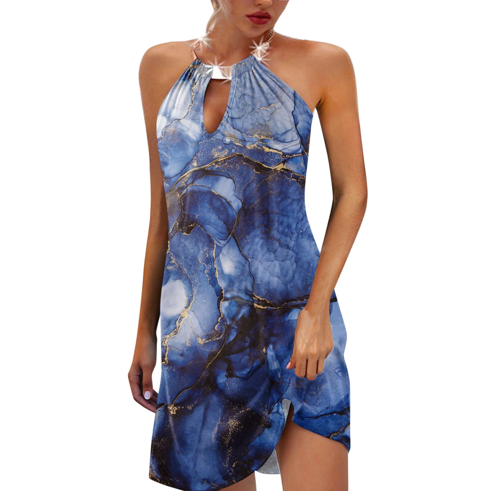 Women's Summer Beach Dress - Floral Print Halter Neck Sleeveless Casual Maxi Dress with Necklace | Perfect for Vacation, Pool Party & Tropical Getaways