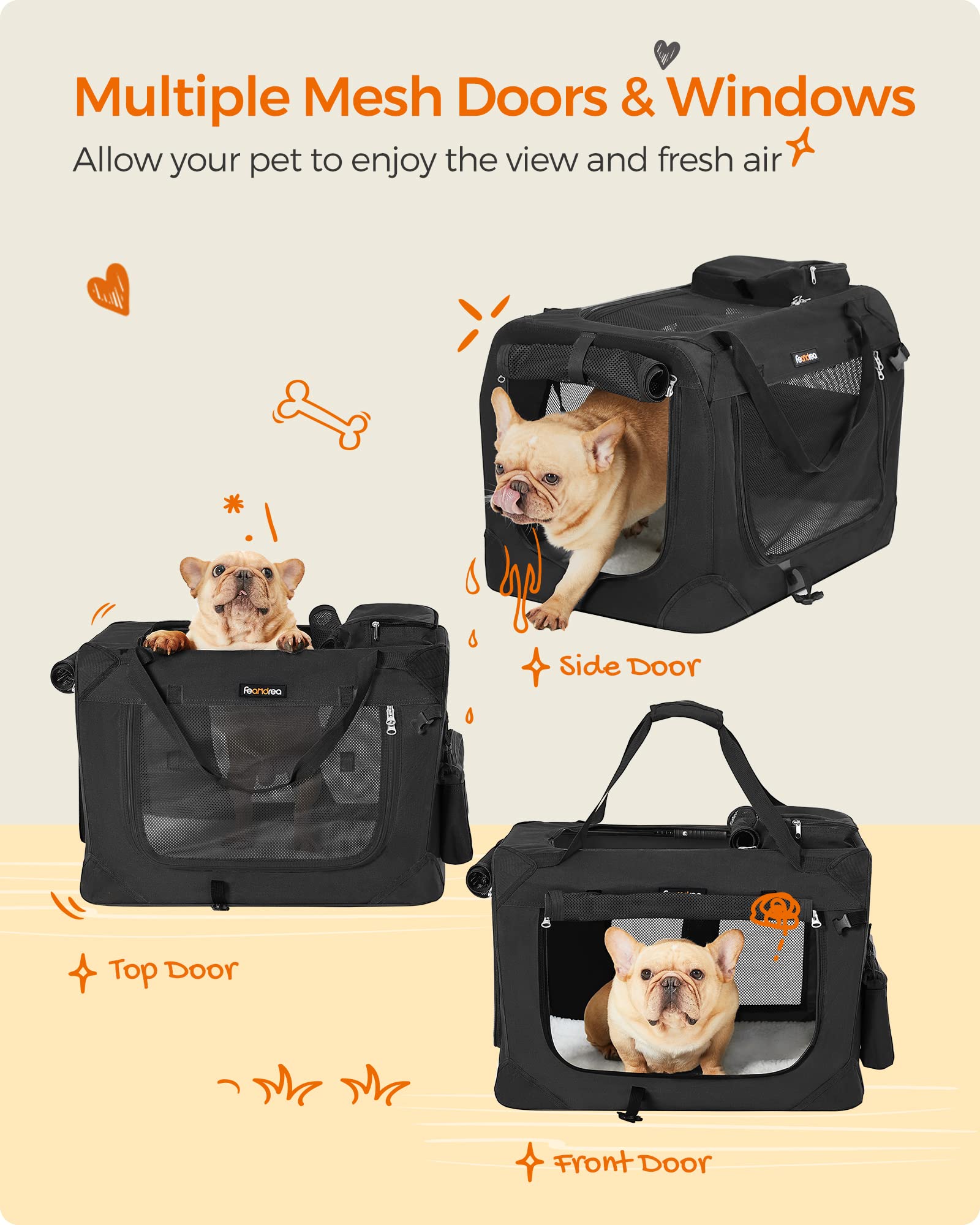 Feandrea 24 Inch Foldable Soft Dog Crate - Portable Pet Carrier for Small to Medium Dogs | Indoor & Outdoor Use with Safety Zippers | Perfect for Travel, Camping, Car Rides & Home Living Room (Black, UPDC60H)