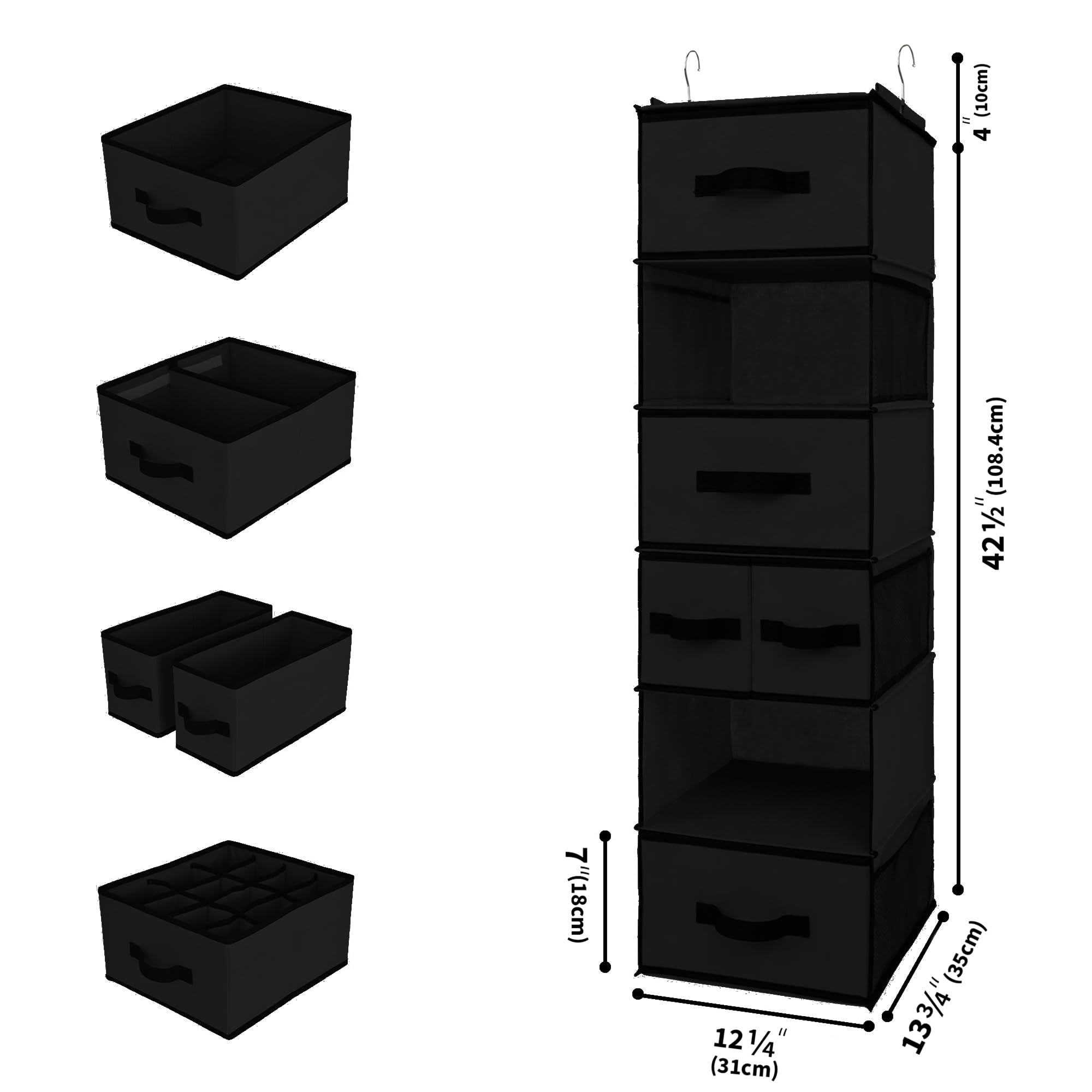 GRANNY SAYS Hanging Closet Organizer with 6 Shelves & 5 Drawers - Wardrobe Storage Solution with 6 Side Pockets for Clothes, Shoes & Accessories - Space Saving Closet Organizer for Bedroom, Dorm or Apartment (Black, 1-Pack)