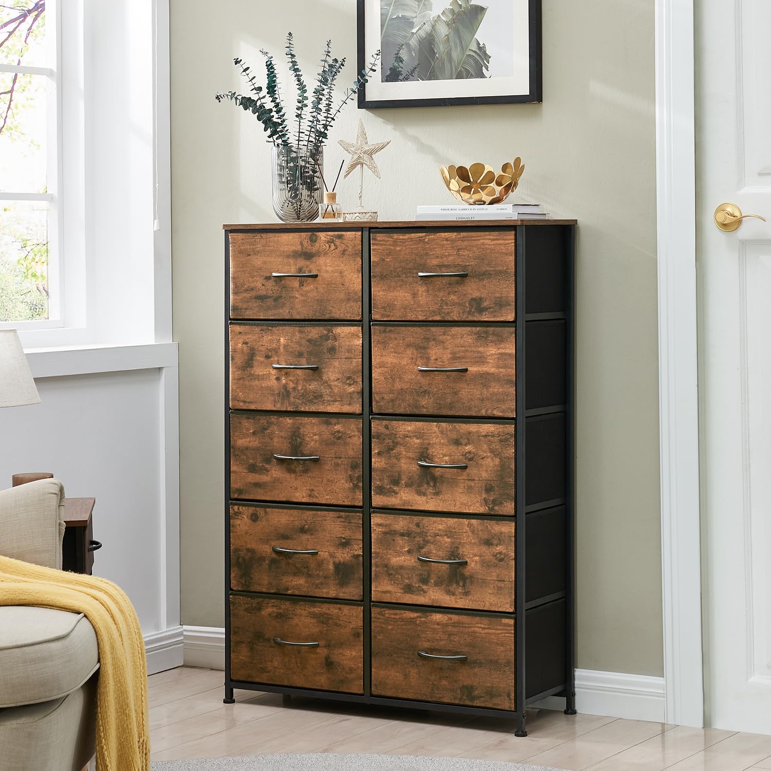 Somdot 10-Drawer Tall Dresser for Bedroom - Wood Grain Print Storage Organizer with Fabric Bins - Perfect for Closet, Nursery, Living Room, Laundry & Entryway Organization