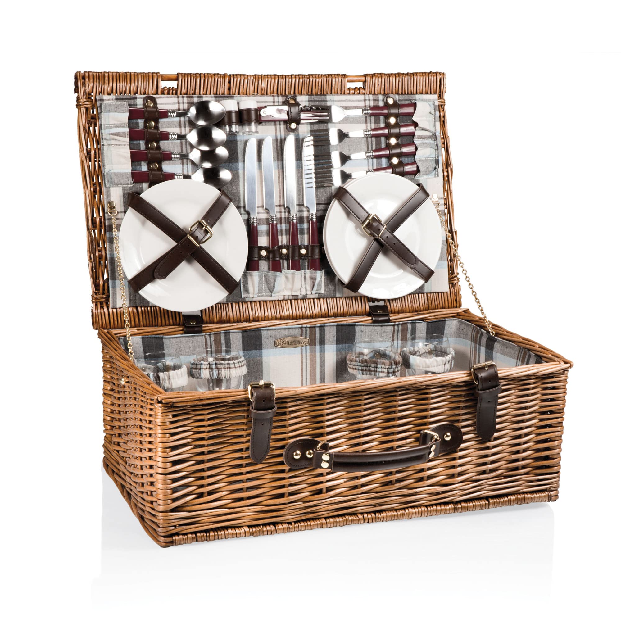 **PICNIC TIME Newbury Wicker Picnic Basket Set for 4 Persons – Navy Blue & Burgundy Plaid – Outdoor Picnics, Beach Trips & Romantic Dates**