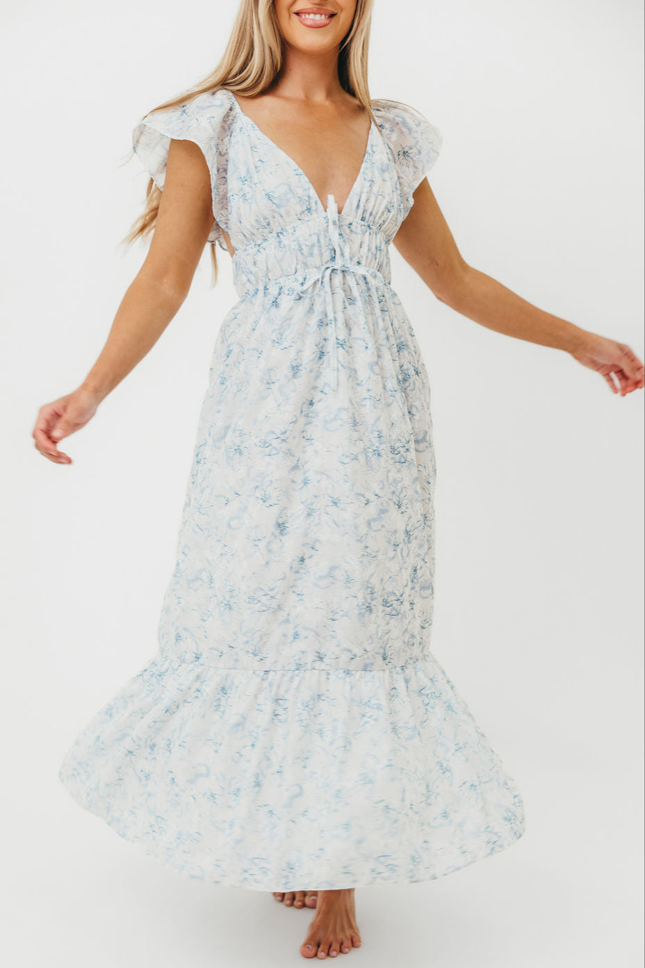 Alix Maxi Dress - White & Blue Floral Print Summer Dress for Women | Beach Wedding, Vacation & Casual Outfit