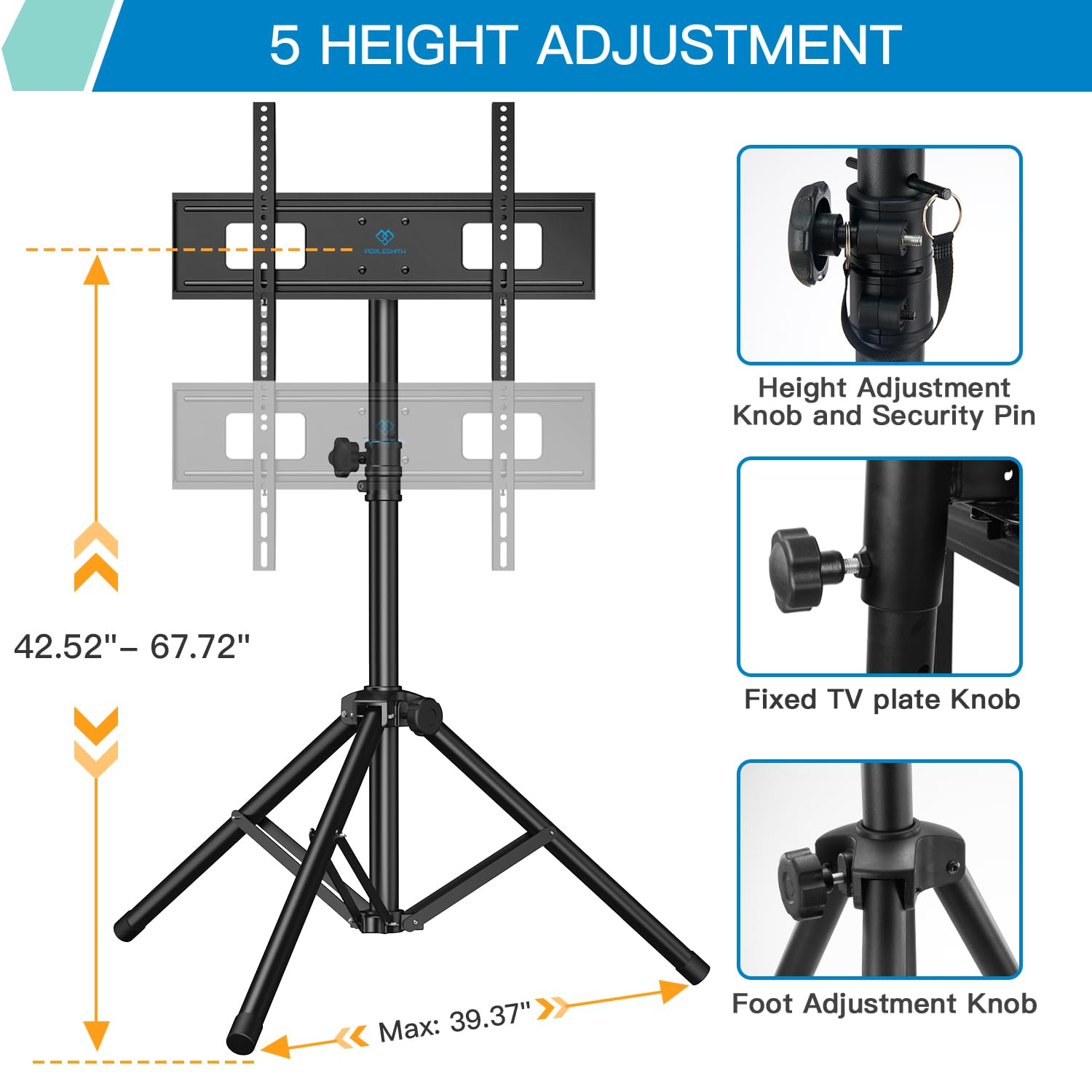 PERLESMITH Universal TV Floor Stand for 37-85 Inch Flat Screen TVs - Height Adjustable TV Tripod Stand with 600x400mm VESA Mount, Supports LED/LCD/OLED TVs up to 110lbs - Perfect for Living Room, Bedroom & Home Theater Setup