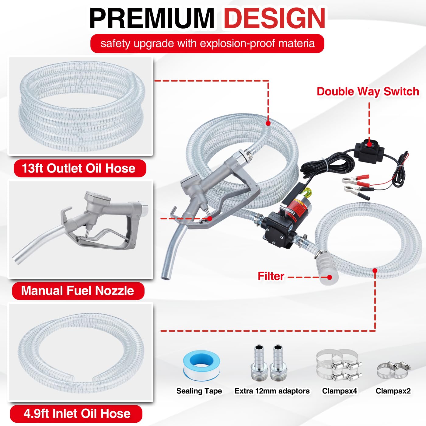 TOPWAY 12V DC Gasoline Fuel Pump Kit - Self-Priming Oil Transfer Pump with Handle, Reversible Flow, Overheat & Explosion Protection - for Gasoline, Diesel, Kerosene - Perfect for Fuel Transfer, Farm Equipment, Marine Use & Emergency Situations