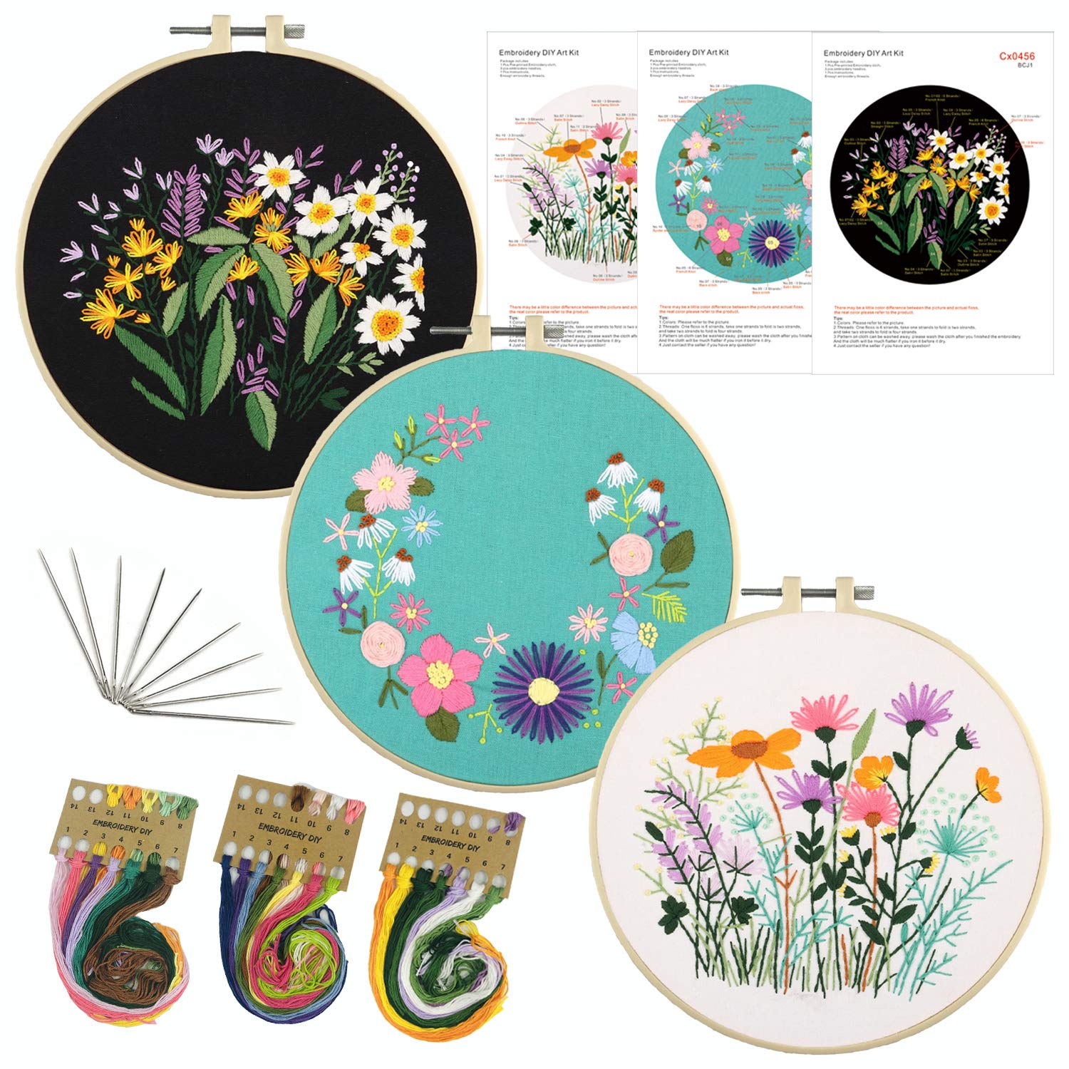 3 Pack Flower Embroidery Kit for Beginners Adults - Complete Starter Kit with Floral Patterns, Instructions & Stamped Designs | DIY Hand Embroidery Supplies for Home Decor, Gifts & Craft Projects