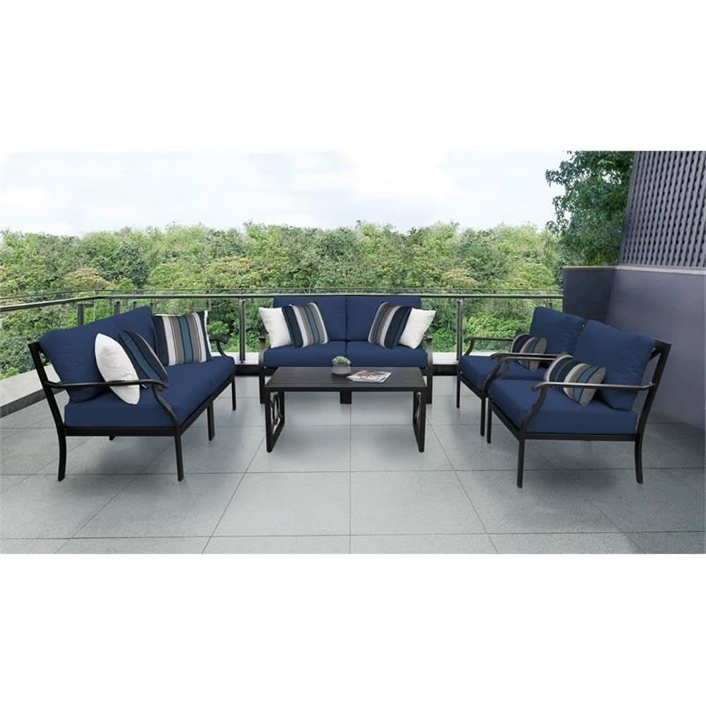 TK Classics Kathy Ireland Madison Ave. 7-Piece Aluminum Patio Dining Set - Navy Blue Outdoor Furniture for Garden, Poolside & Backyard Relaxation