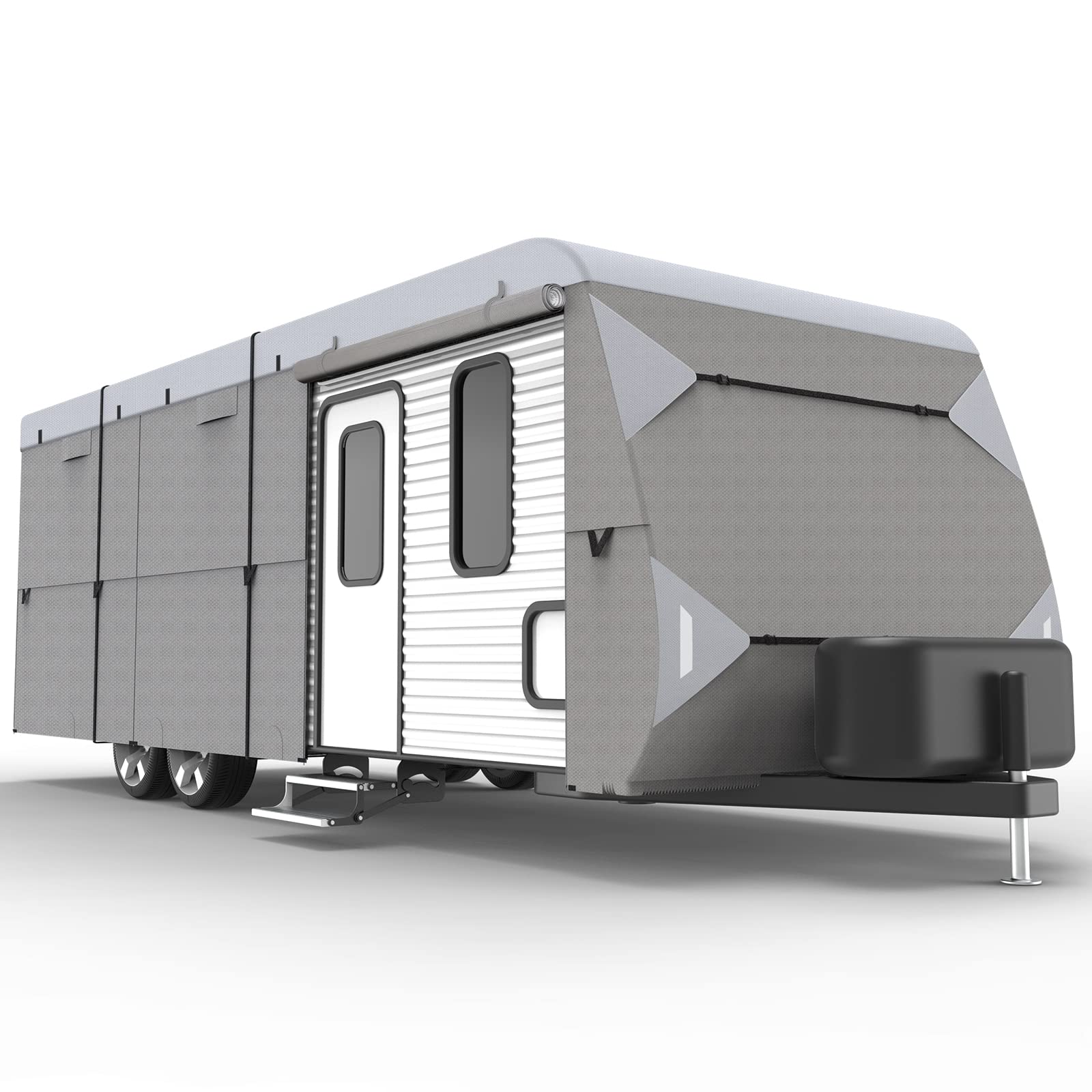 Premium 300D Ripstop Diamond Travel Trailer RV Cover - 16'-18' Heavy Duty Camper Cover with 4 Tire Covers & Windproof Straps | Waterproof UV Protection for Outdoor Storage & Winter Use