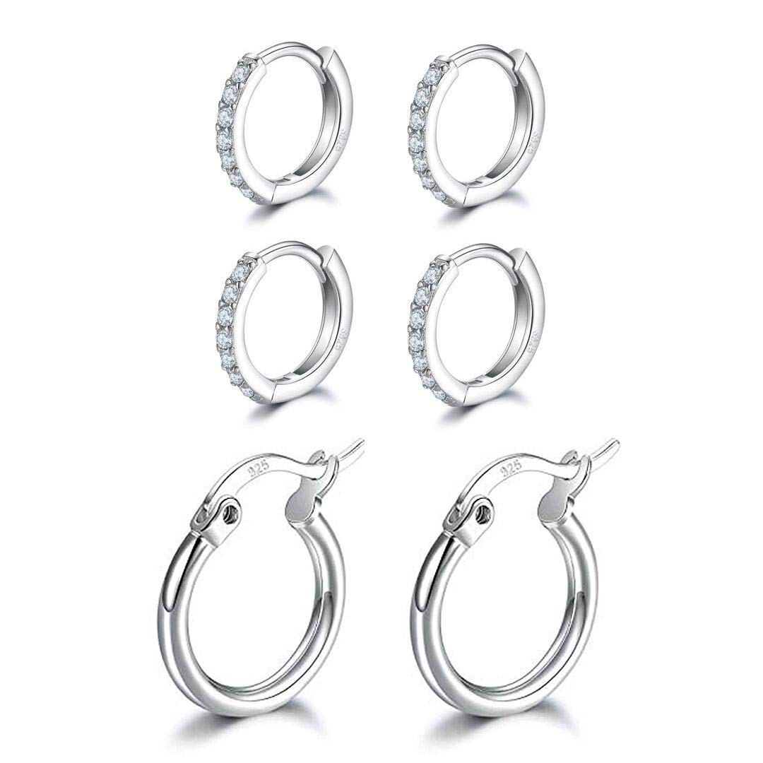 Hypoallergenic Sterling Silver Hoop Earrings Set - 3 Pairs Small Cartilage Earrings (8mm & 12mm) with Cubic Zirconia for Women & Men | Perfect for Everyday Wear, Gifts & Special Occasions