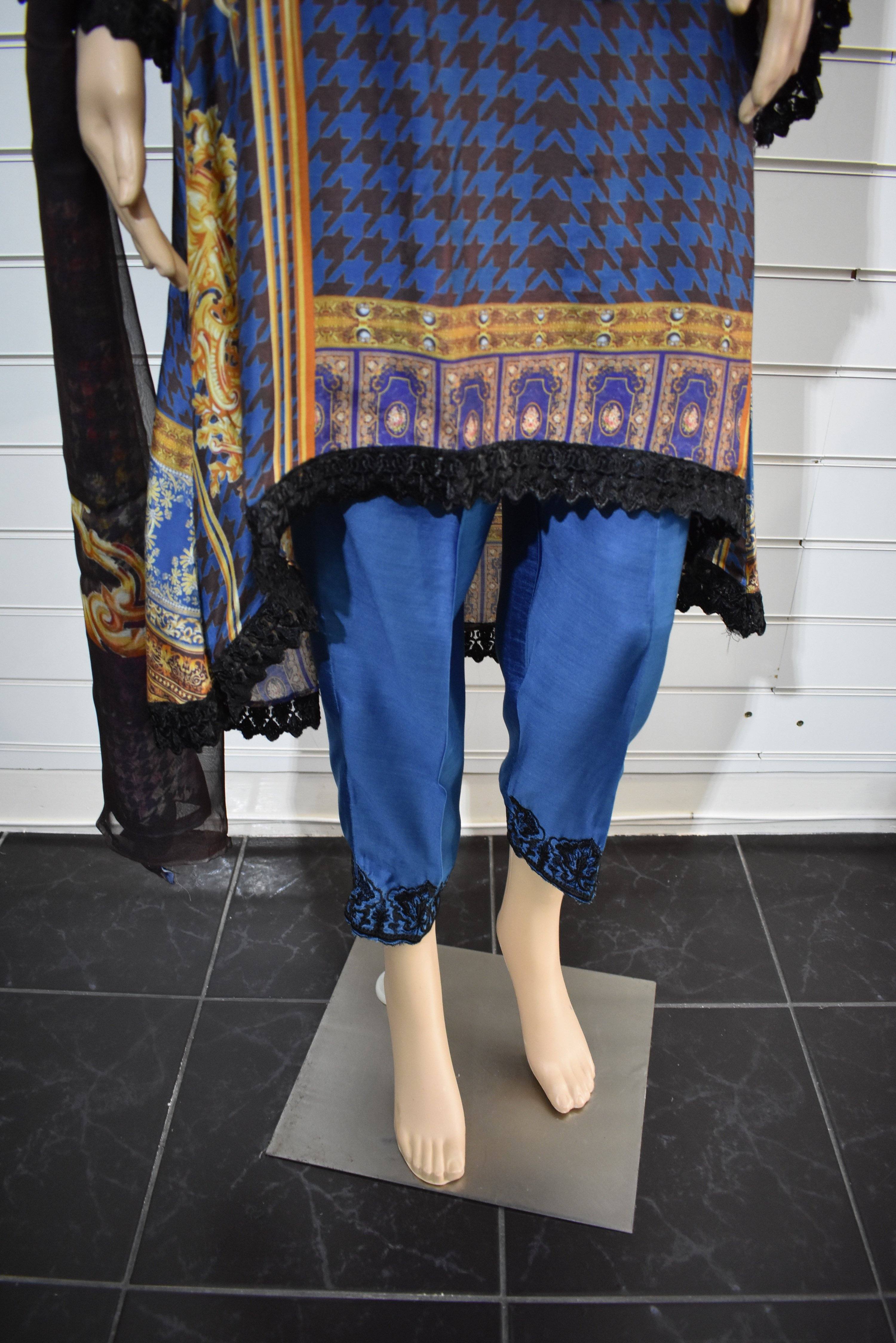 Elegant Blue Silk Digital Print Dipped Hem Outfit with Fully Embroidered Trousers | Women's Luxury Evening Wear for Parties & Special Occasions