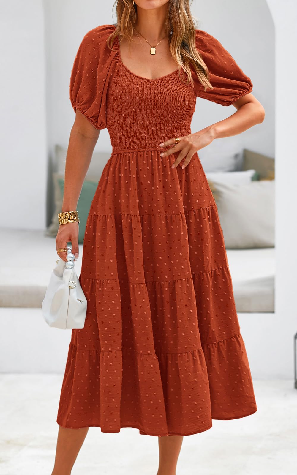 PRETTYGARDEN Women's Floral Chiffon Maxi Dress with Puff Sleeves & V-Neck - Swiss Dot High Waist Tiered Smocked Summer Dress for Beach, Wedding, Party & Casual Wear