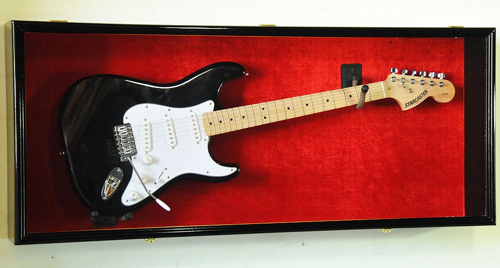 Premium Wall-Mounted Guitar Display Case Cabinet - Lockable with UV Protection for Fender & Acoustic Guitars - Horizontal Mounting, Walnut Finish - Perfect for Home Studios, Music Rooms & Collector Displays