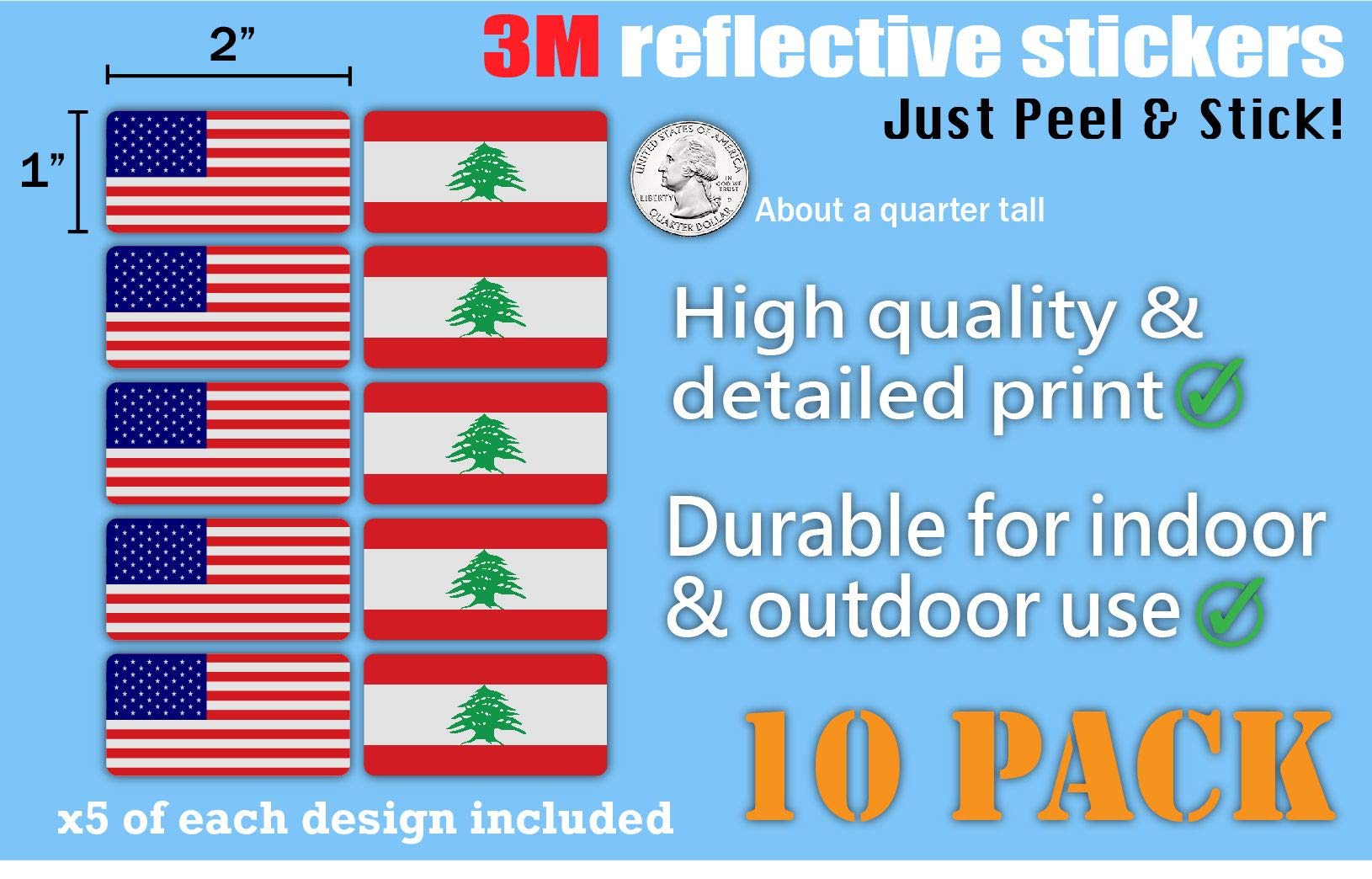 10-Pack 3M Reflective American & Lebanon Flag Stickers - High Visibility Safety Decals for Hard Hats, Helmets, Bikes, Toolboxes & Laptops - Perfect for Night Safety, Work Gear Identification & Patriotic Decor