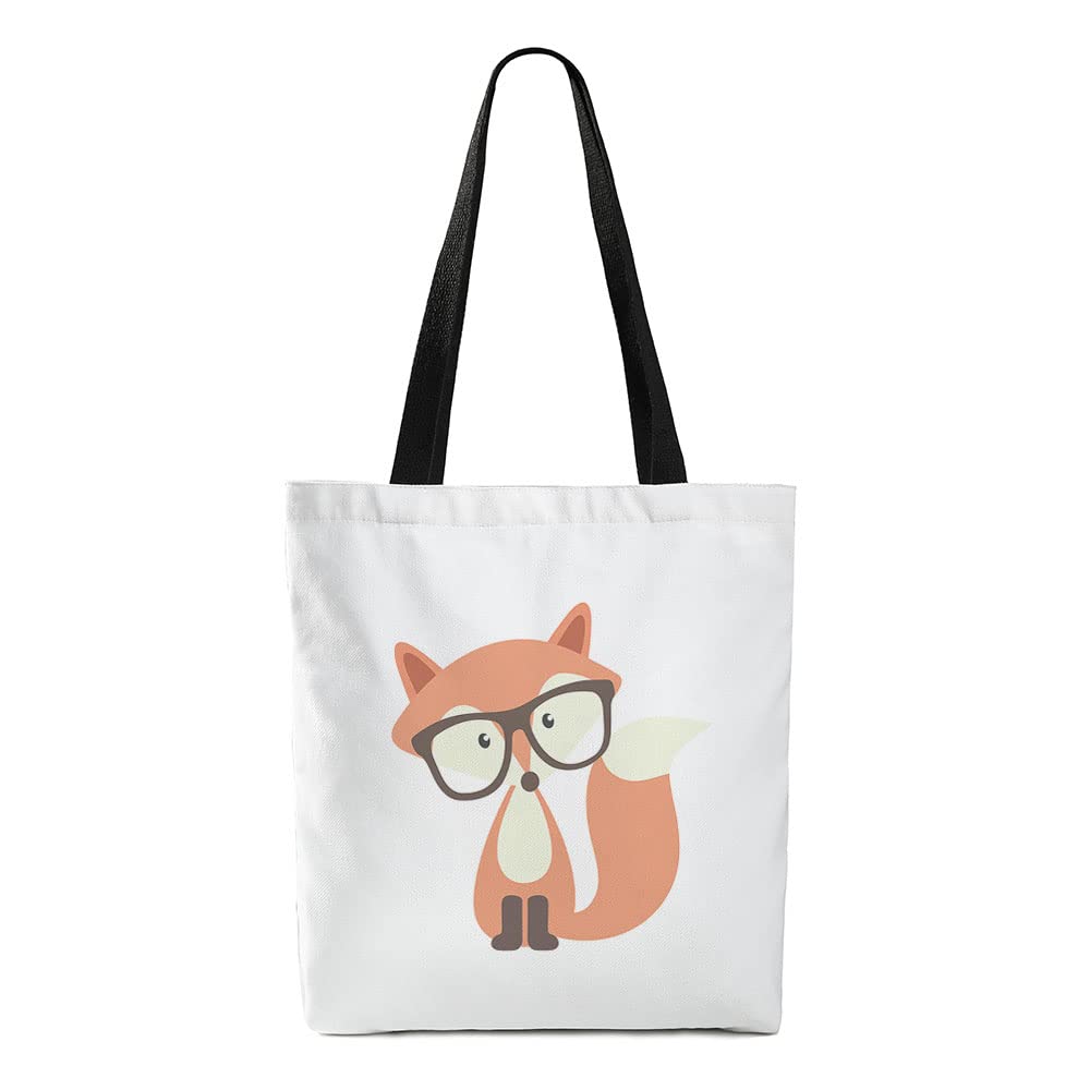 Stylish Moslion Fox Tote Bag - Cute Cartoon Animal Fox Design with Black Glasses, Large 15x16 Inch Canvas Shoulder Bag for Women & Girls - Perfect for School, Shopping, Work & Daily Use - Reusable Eco-Friendly Handbag