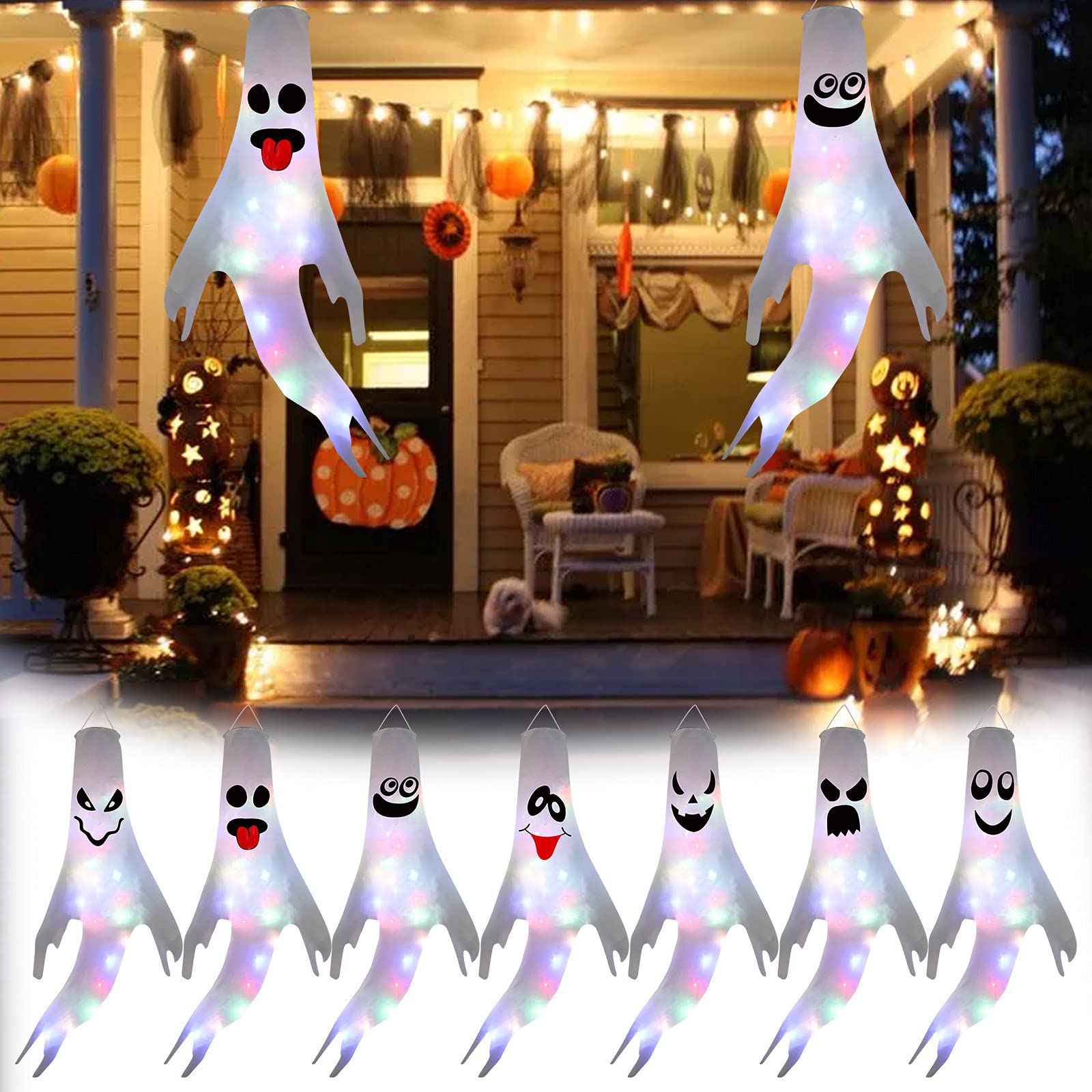 Halloween Lights Decorations Outdoor - 7PCS LED String Lights with Ghost Pendants & Windsocks for Home, Yard, Party Decor | Spooky Halloween Lighting for Porch, Garden, and Indoor Halloween Party Decorations