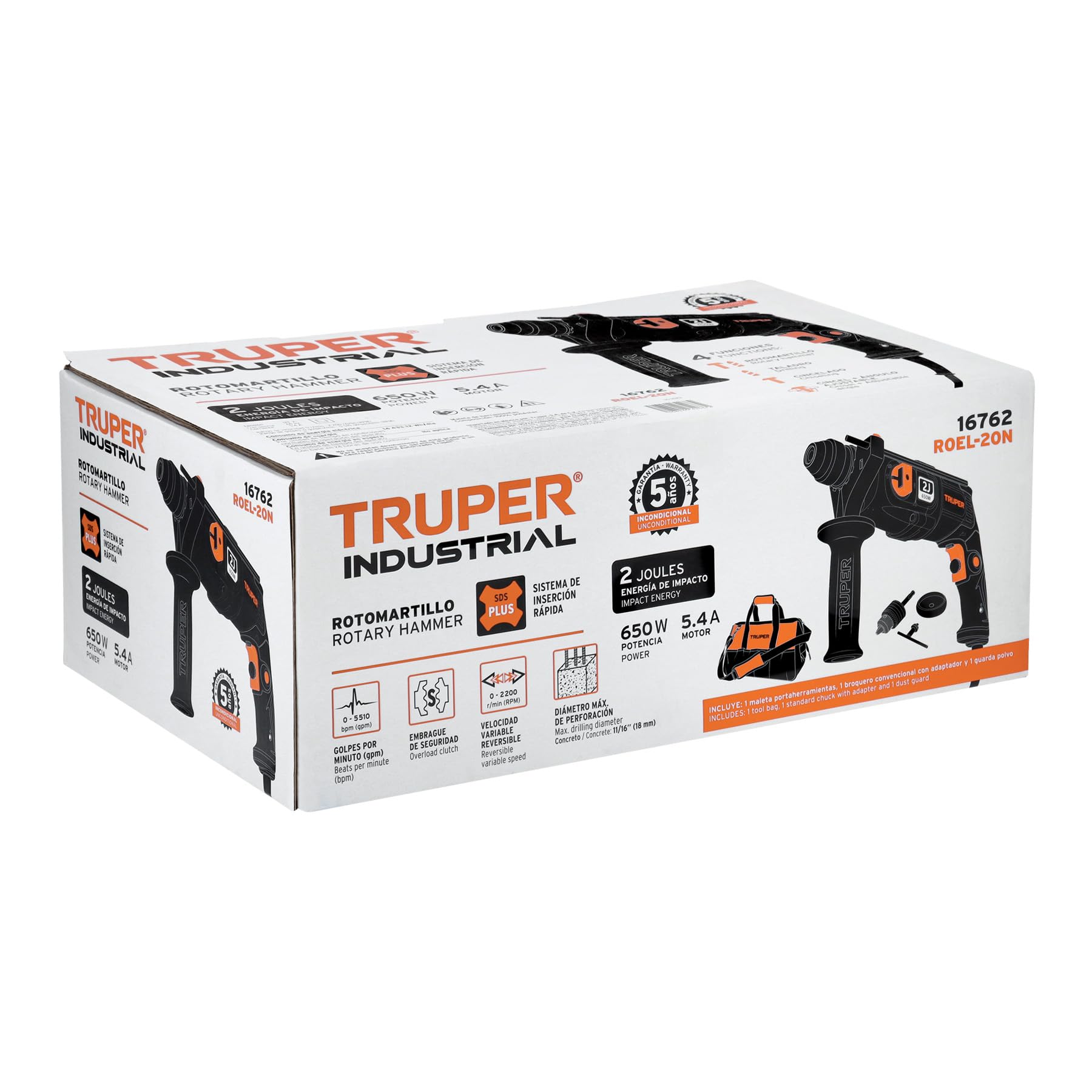 TRUPER ROEL-50N 5-Joule SDS Rotary Hammer Drill with Plastic Case - Powerful Corded Electric Drill for Concrete, Masonry & Stone - Perfect for Construction, Renovation & DIY Projects