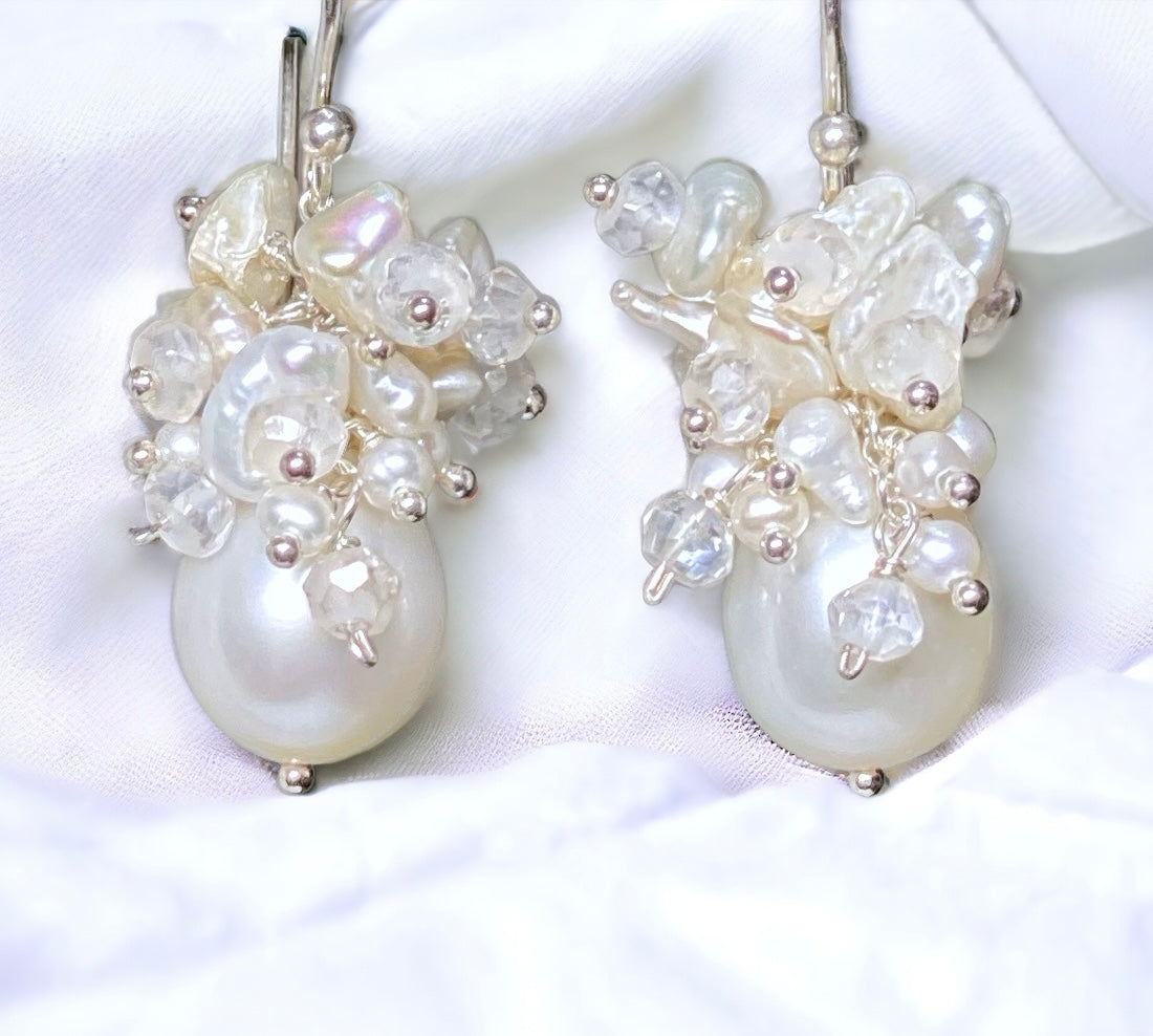 Baroque Pearl Bridal Cluster Earrings - Sterling Silver Vintage Wedding Jewelry for Brides, Bridesmaids & Formal Occasions
