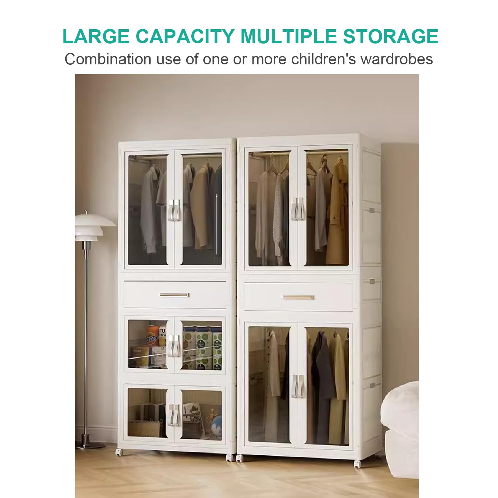 Portable Kids Wardrobe Closet Organizer - Large White Collapsible Storage Cabinet with Hanging Rod for Bedroom | Easy Assembly Plastic Closet for Children's Room, Nursery & Dorm Organization | Perfect for Small Spaces, Travel & Seasonal Clothing Storage
