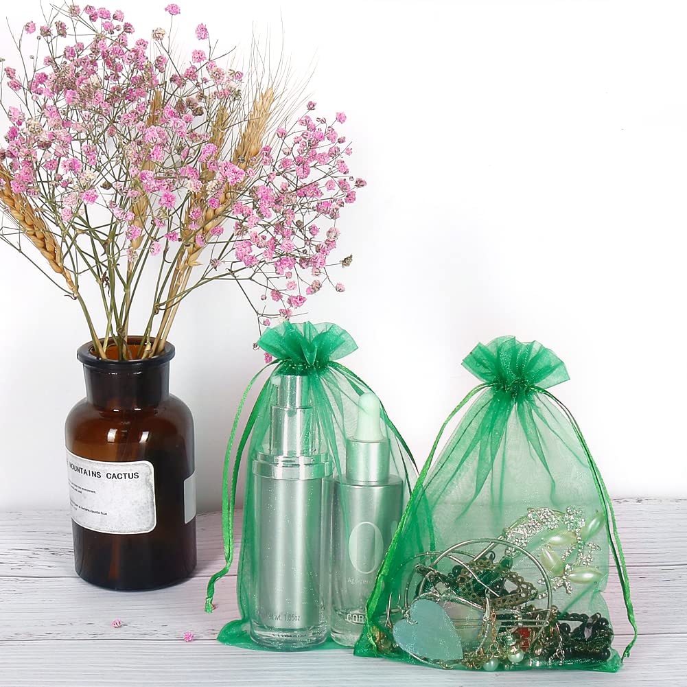100pcs 5x7 Inch Green Organza Drawstring Bags - Mesh Gift Pouches for Jewelry, Christmas Candy & Party Favors - Perfect for Wedding, Baby Shower & Birthday Gifts