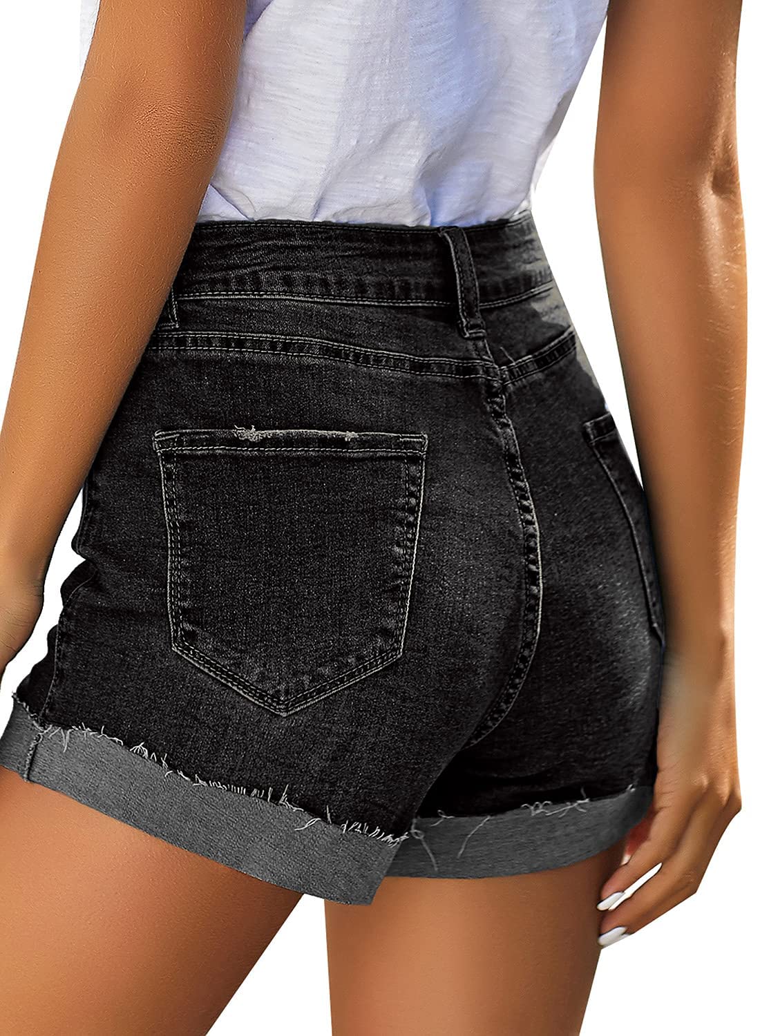 LookbookStore Women's High Waisted Denim Shorts with Sewn Cuffs & Button Details | Summer Fashion | Perfect for Beach, Casual Outings & Street Style