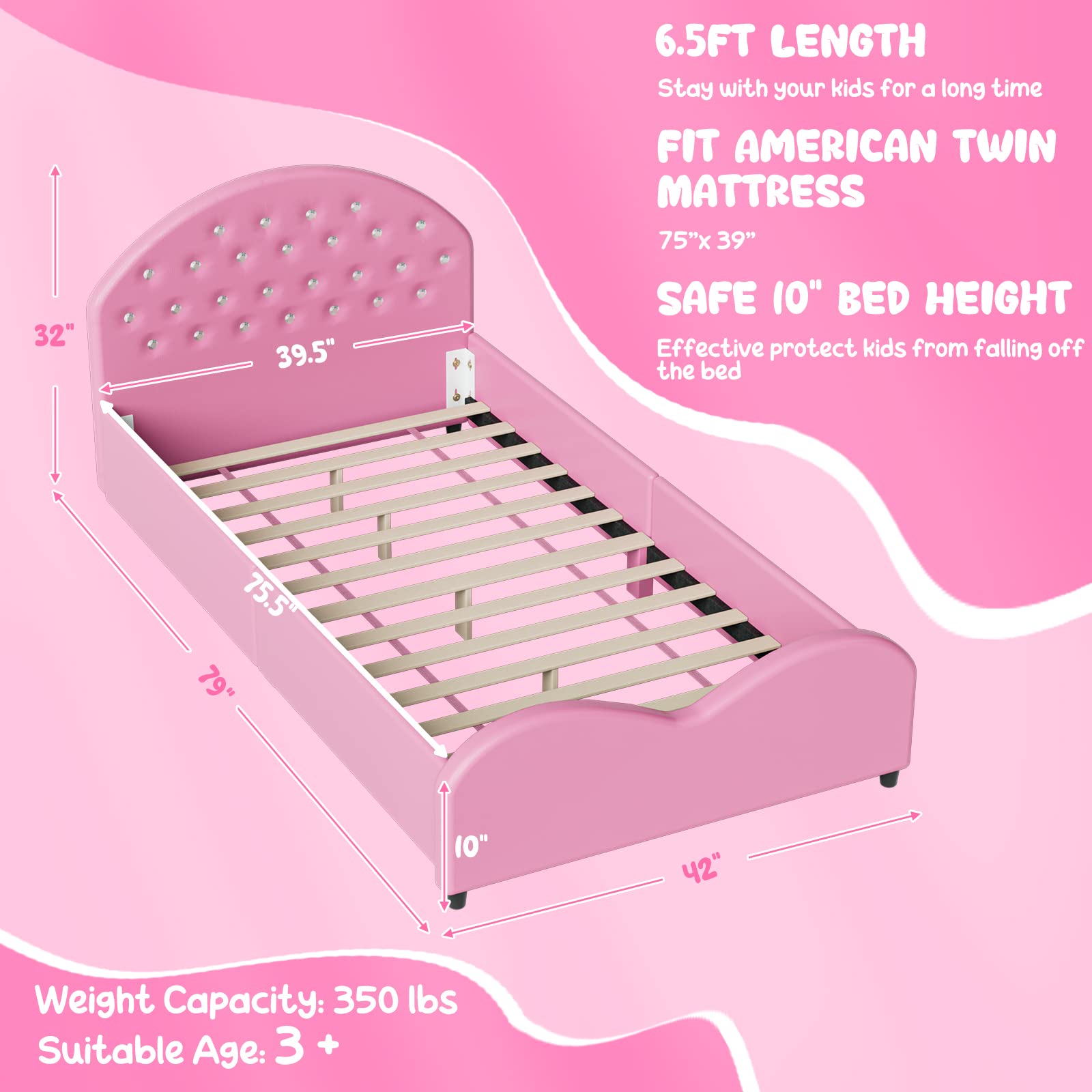 HONEY JOY Twin Bed Frame for Kids - Sturdy Wooden Platform Bed with Headboard & Slat Support, No Box Spring Required | Perfect for Boys & Girls Bedrooms | Fits Standard Twin Mattress (Pink) | Ideal for Toddler Rooms, Sleepovers & Kids' Bedroom Decor