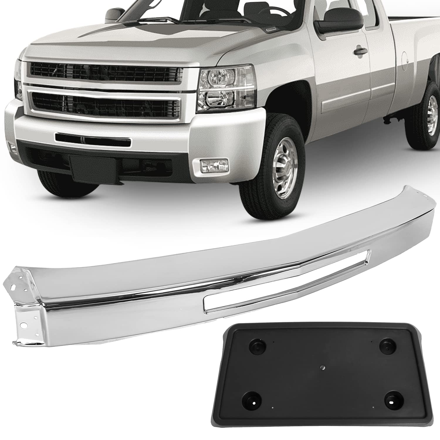 ECOTRIC Front Bumper Impact Bar & License Plate Bracket for 2007-2013 Chevy Silverado 1500/2500/3500 - Heavy Duty License Plate Frame Holder (2-Pack) - Perfect for Off-Roading, Truck Protection & Customization