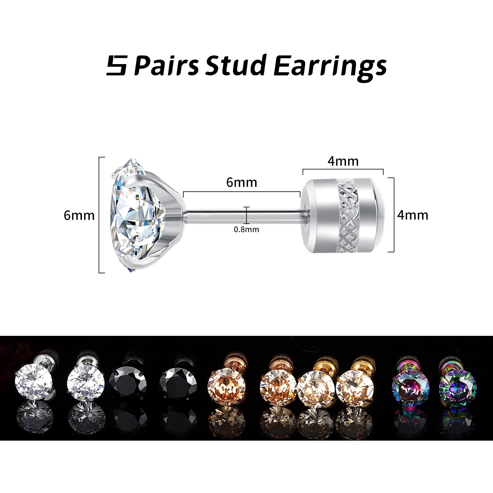5 Pack Titanium Stud Earrings Screw Back for Women & Men - Hypoallergenic Stainless Steel Tiny Cubic Zirconia Tragus 20G Piercing Jewelry - Sensitive Ears Friendly Simulated Diamond Cartilage Earrings Rainbow Color - Perfect for Daily Wear, Parties & Gifts