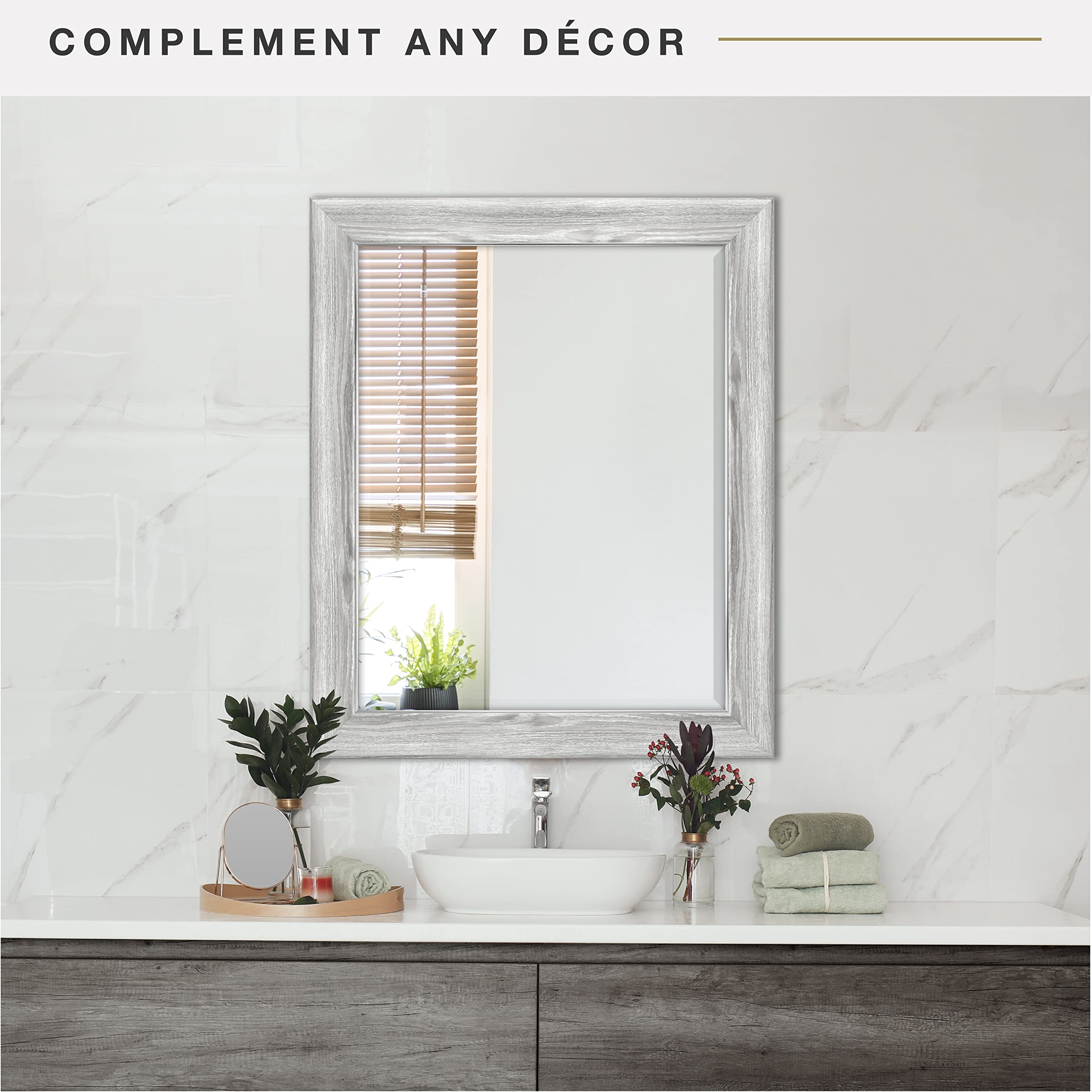 27.5x33.5 Inch Large Wall Mirror with White Woodgrain Frame & Beveled Edge - Full Length Vertical/Horizontal Hanging Mirror for Bathroom, Bedroom, Living Room Decor & Vanity Dressing