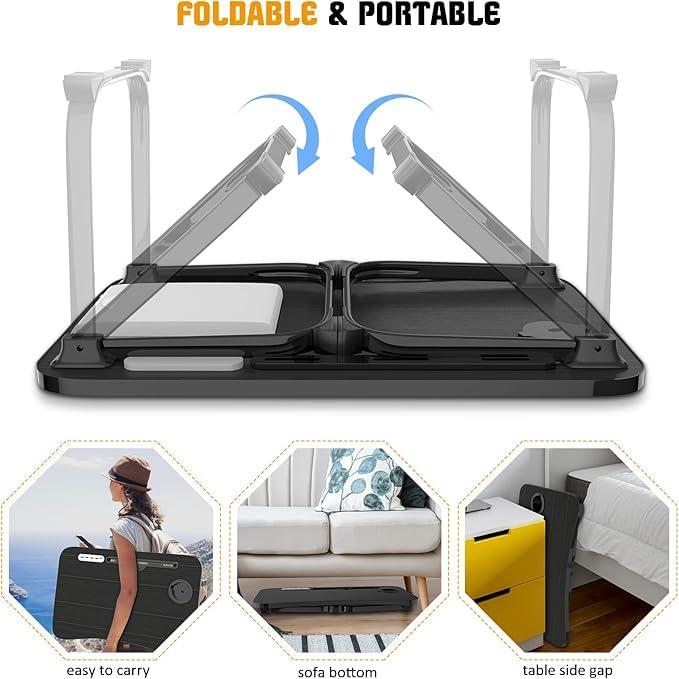 4-in-1 Foldable Laptop Desk with Cup Holder & Tablet Slot - Portable Lap Desk for Bed, Couch, Office & Travel - Perfect for Breakfast, Reading, Writing & Working in Bed - Black