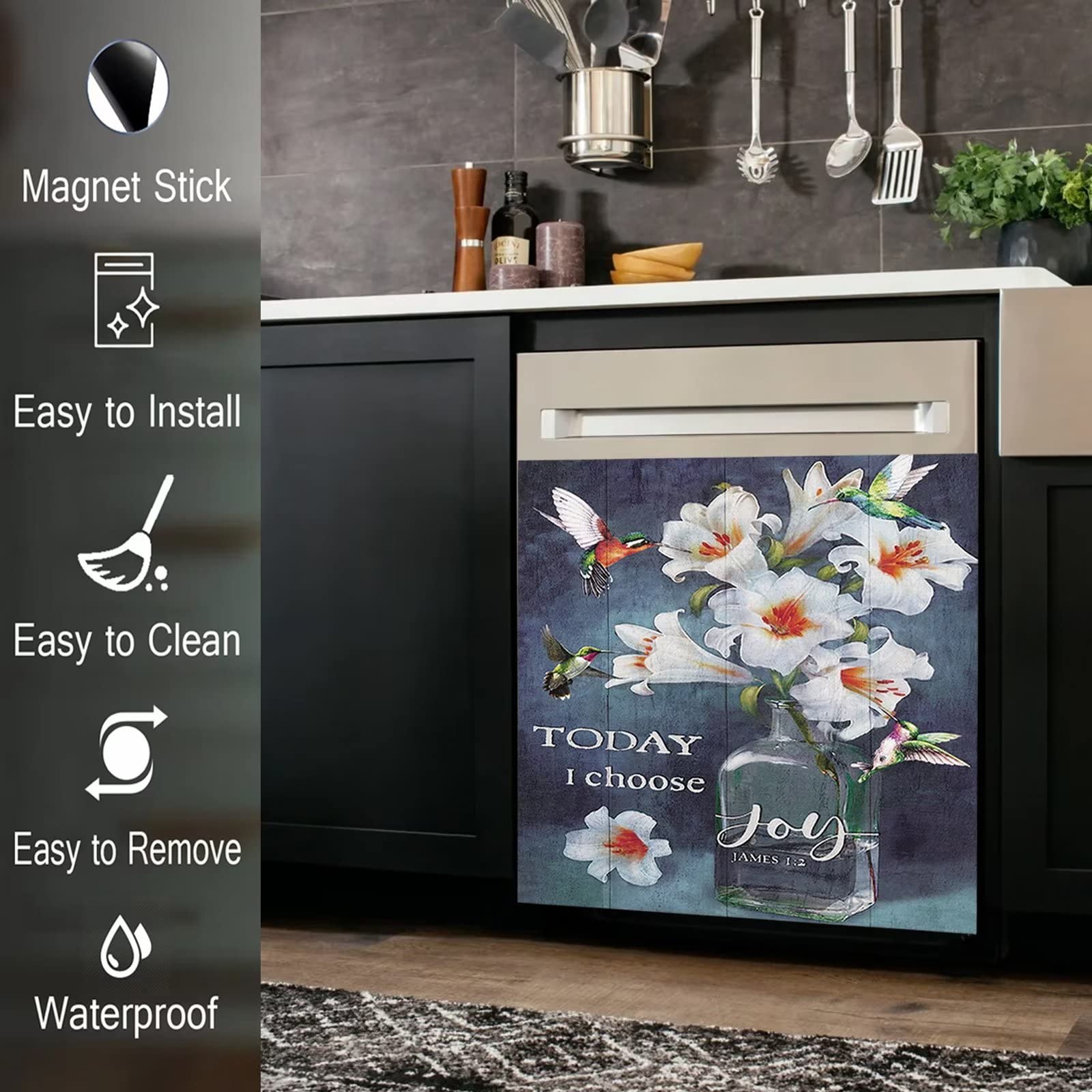 Blooming Lily Flower Dishwasher Cover Magnet - Rustic Wood Front Panel for Dishwasher & Refrigerator - Farmhouse Bird Design Christian Home Decor (23