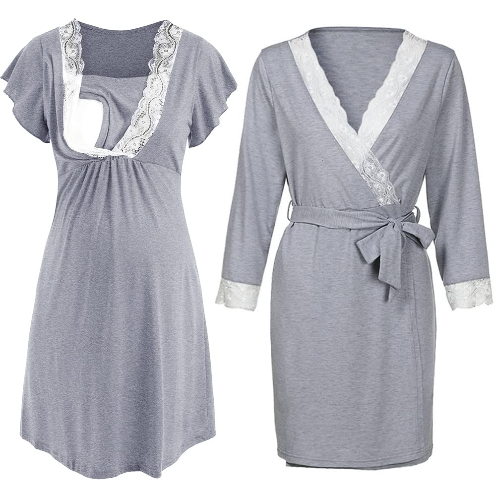 Bysion Women's Maternity Nursing Nightgown Set - 2 Pcs Lace V-Neck Breastfeeding Sleep Dress & Pregnancy Robe for Home, Hospital & Lounging - Comfortable Nursing Pajamas for New Moms