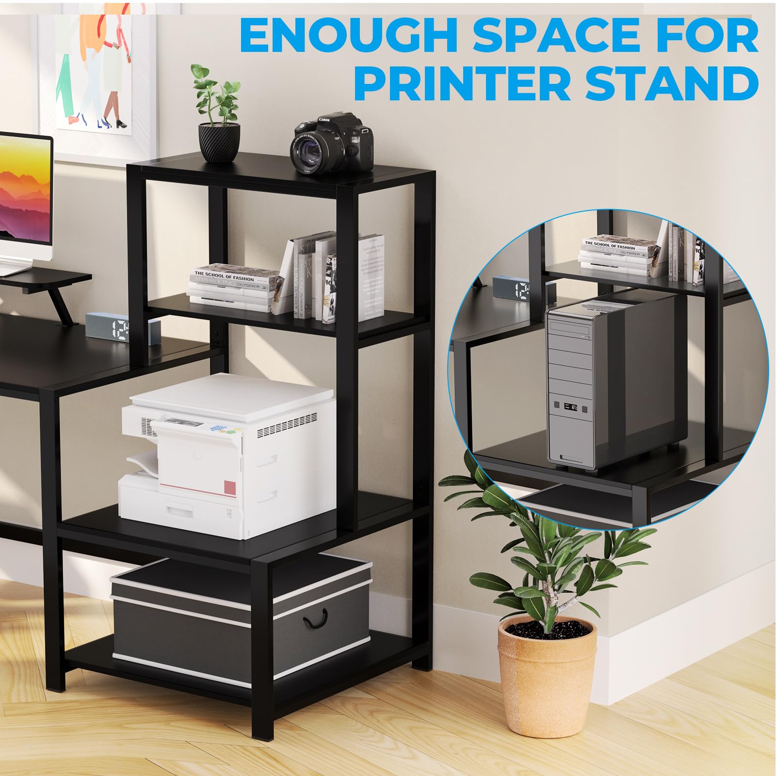 GreenForest 67-inch Computer Desk with Printer Shelf & Monitor Stand - Reversible Office Desk with 2 Hooks - Sturdy Home Workstation for Study, Writing, Working & Gaming (Black) - Perfect for Home Office, Dorm Room & Small Spaces