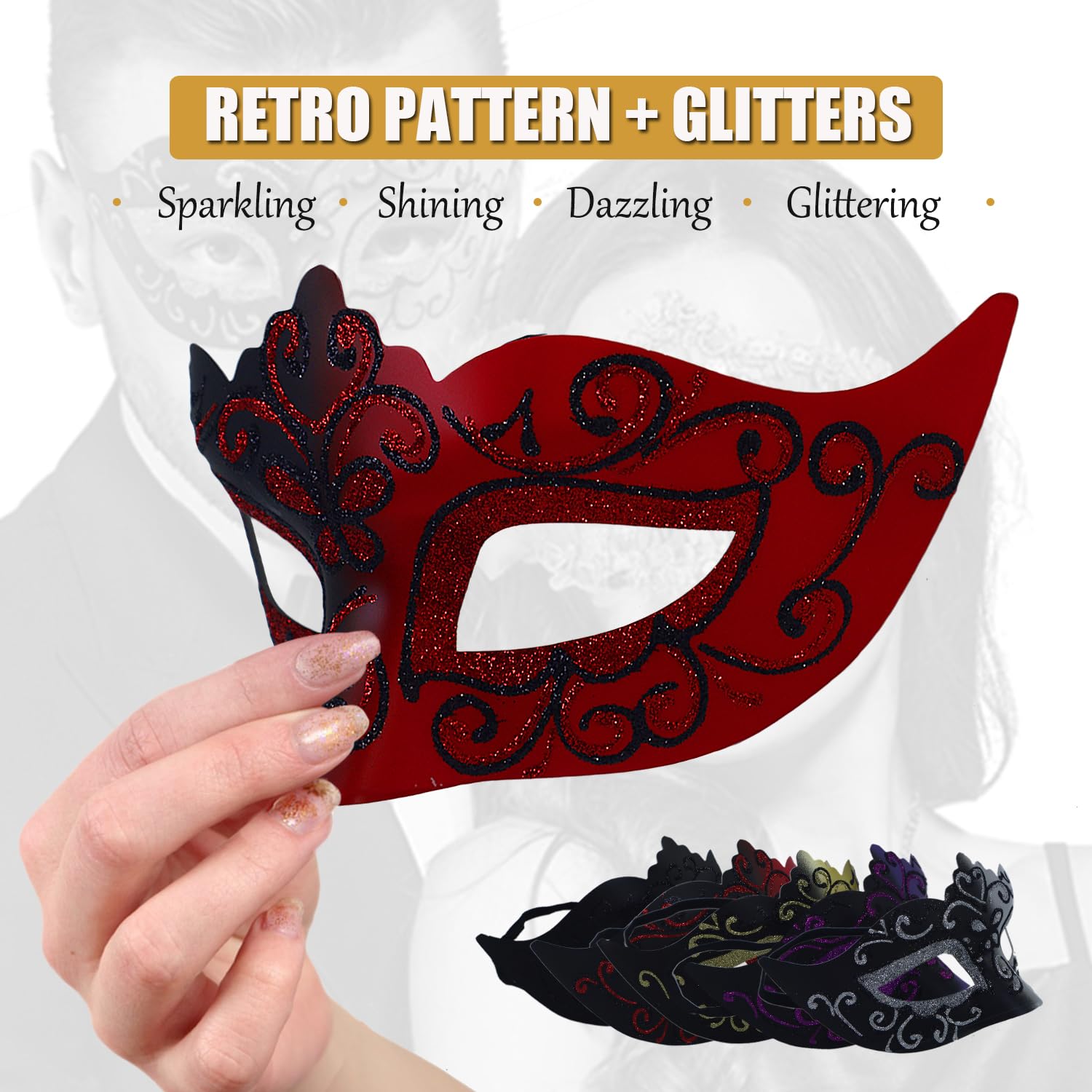MYMENU Elegant Venetian Masquerade Mask for Women & Men - Shiny Couple Halloween Party Mask for Prom, Ball, Mardi Gras & Costume Events