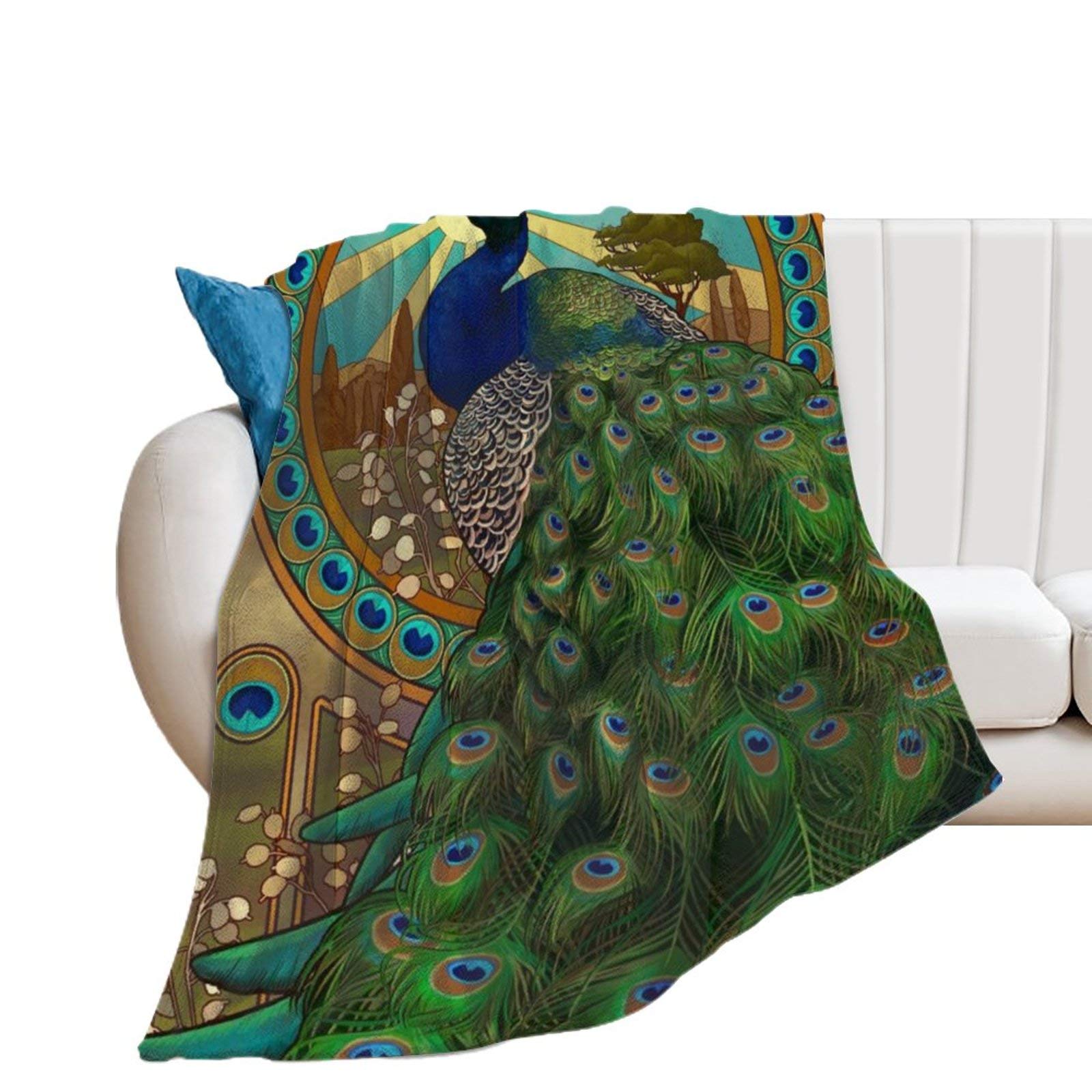 Art Nouveau Peacock Pattern Throw Blanket - Ultra Soft Microfiber Air Conditioning Blanket for Couch, Bed, Car & Travel - 40 x 50 Inches Cozy Home Decor Gift