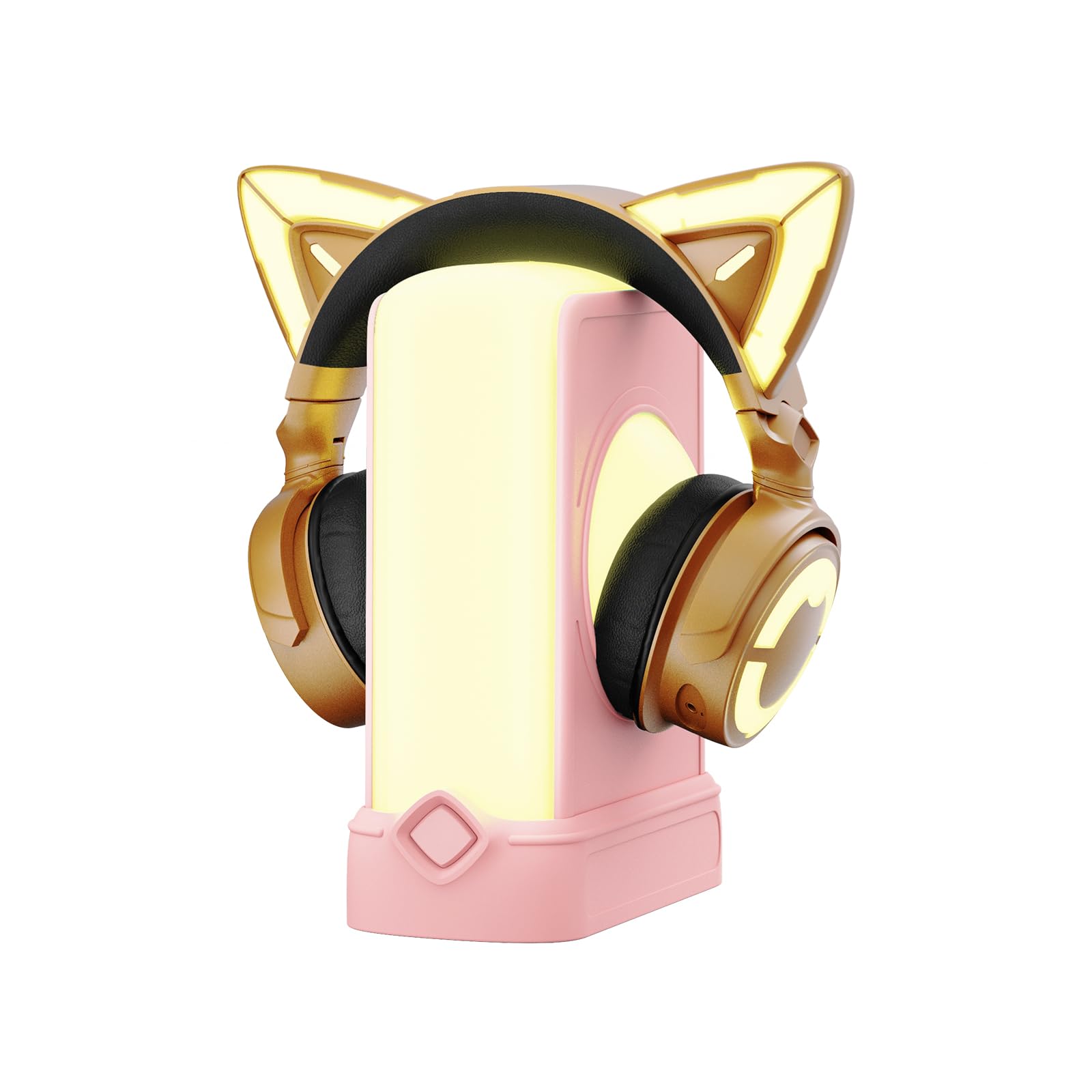 YOWU RGB Cat Ear Headphones with Crystal Stand - Wireless Bluetooth Gaming Headset for DJ, PC, PS5 - Pink LED Light Up Headphones for Girls, Streaming & Cosplay