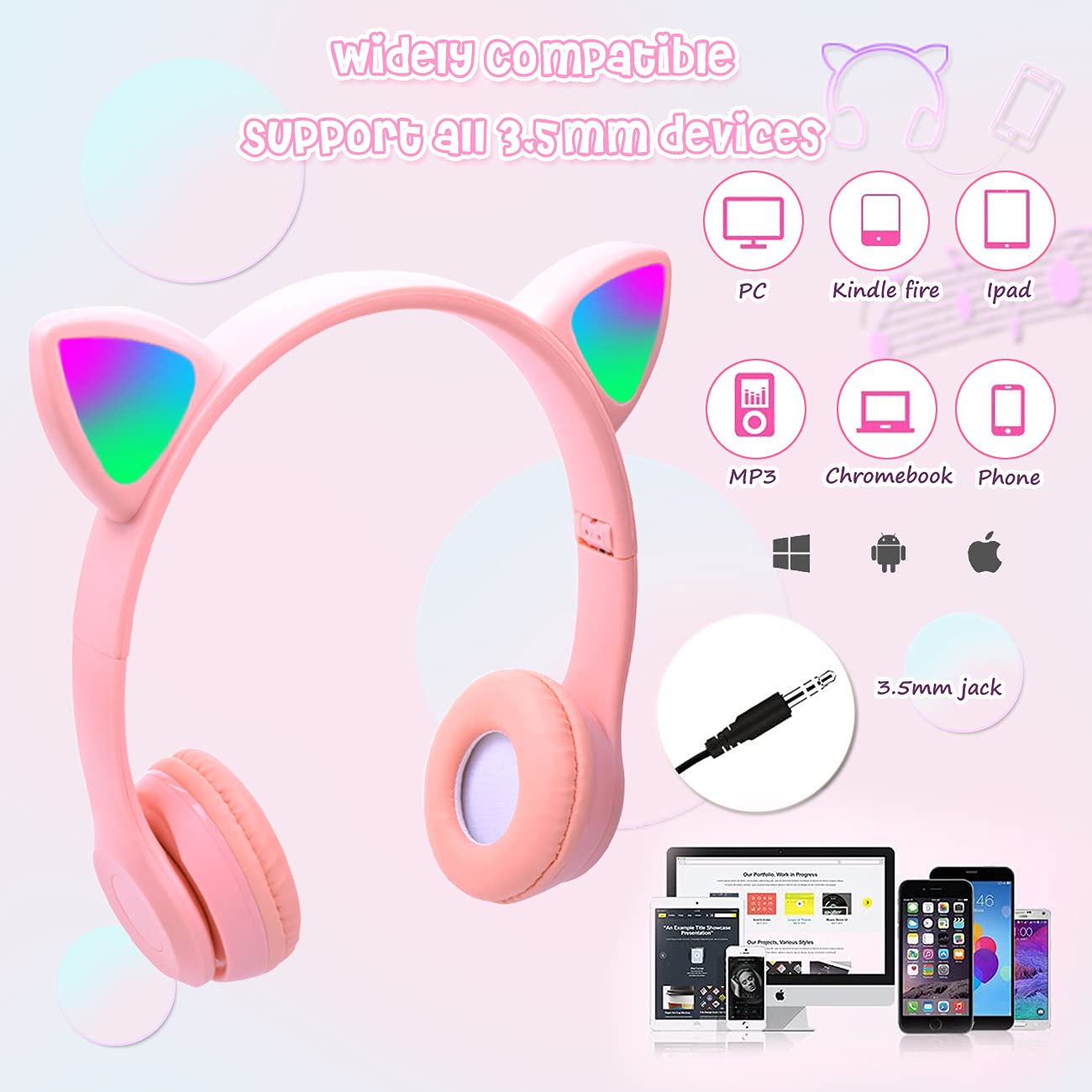 Wireless Cat Ear Headphones for Kids with LED Lights - Pink Foldable Over-Ear Headset with 3.5mm Jack & TF Card Support (3-in-1) - Perfect for School, iPad, Tablet, Travel & Home Use