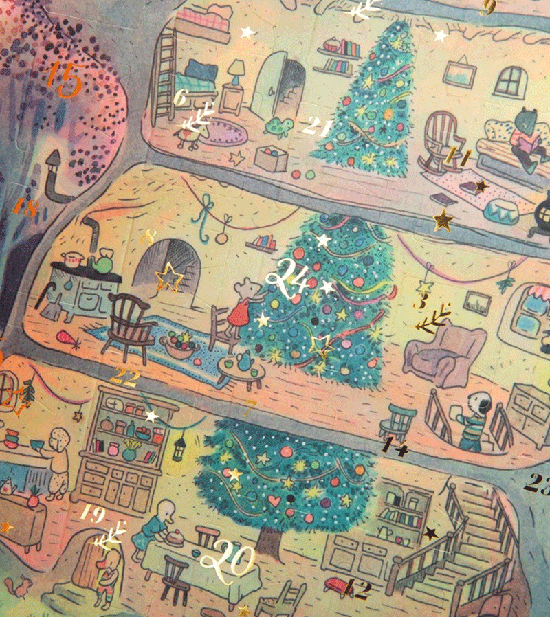 Advent Calendar with La Grande Famille Storybook Torch by Moulin Roty - Christmas Countdown Gift for Kids, Family Storytime Activity