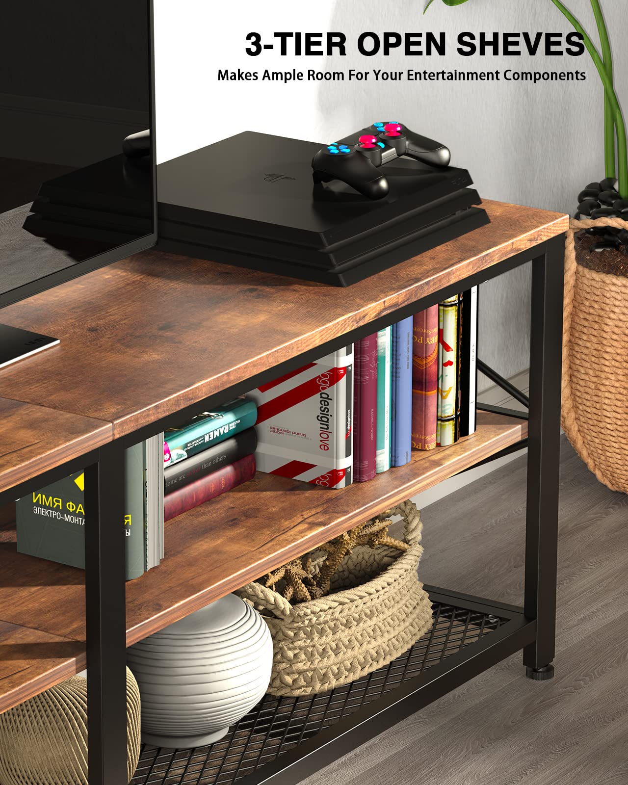 NOBLEWELL 63 Inch Rustic Brown TV Stand - 3-Tier Wood Entertainment Center with Storage, Media Console Table for Living Room - Perfect for Flat Screen TVs, Gaming Consoles & Home Theater Setup