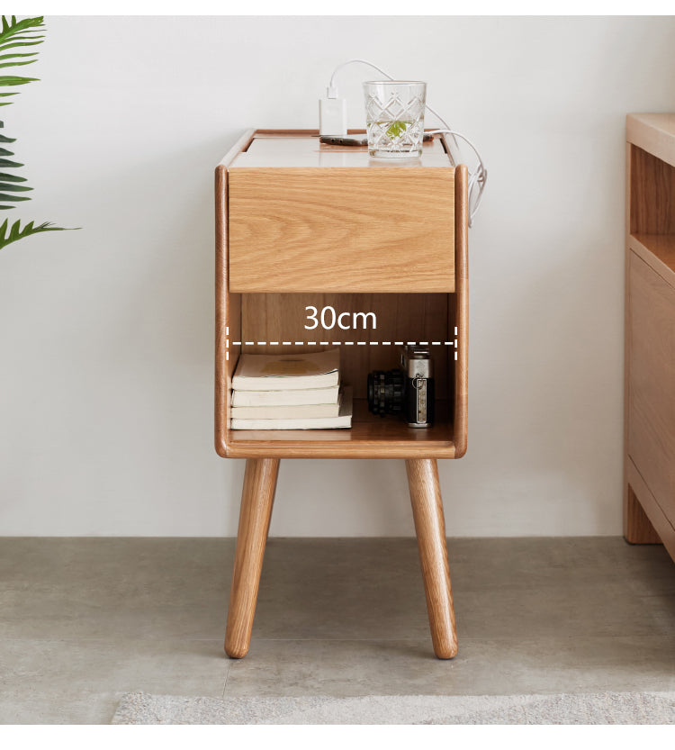 Solid Oak Narrow Side Table with Flip Door Storage - Rustic Wood End Table for Living Room, Bedroom & Entryway - Compact Console Cabinet for Small Spaces