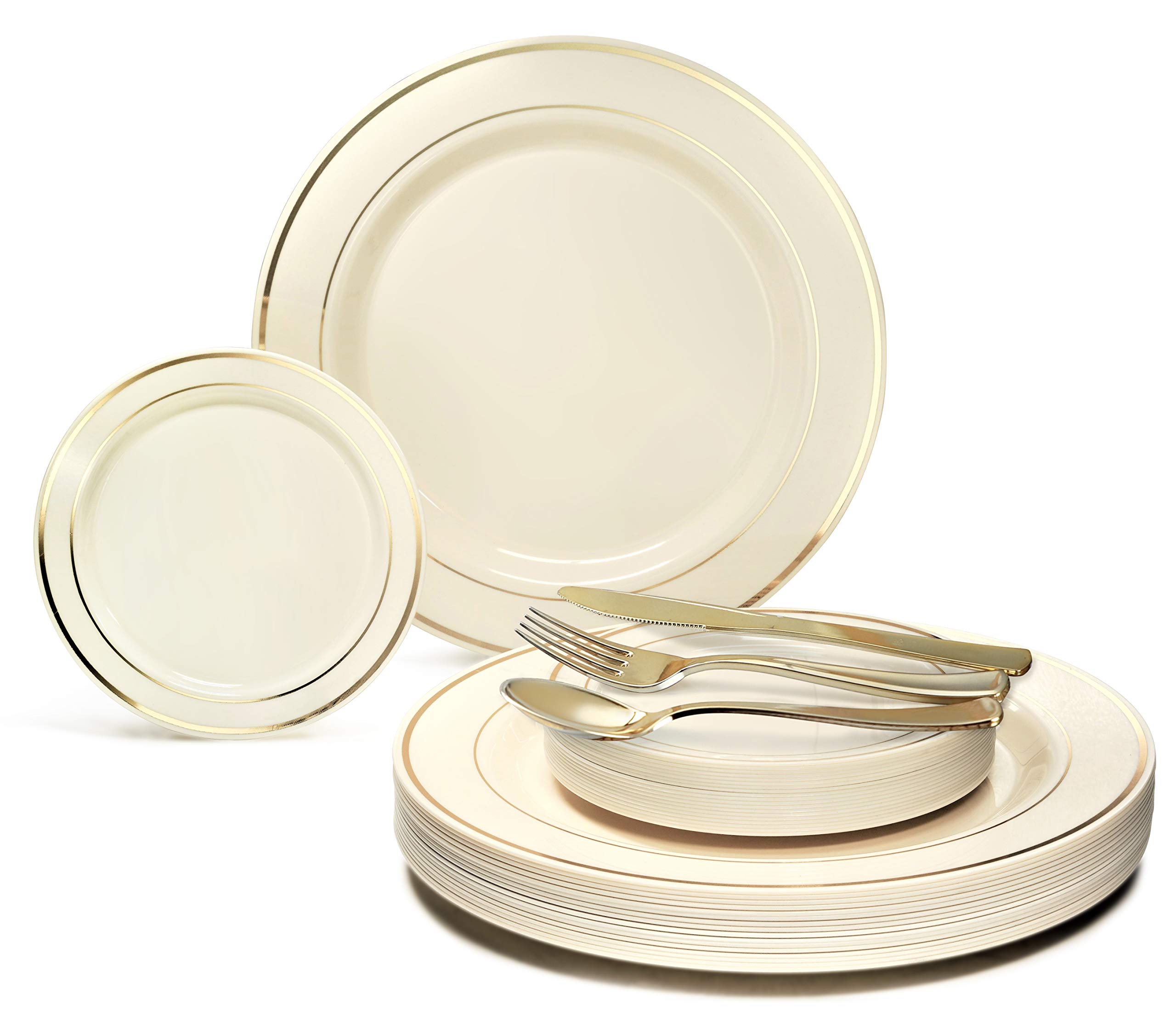125-Piece Heavyweight Disposable Wedding Dinnerware Set - 25 Guest Ivory Plastic Plates (10.5'' & 6.25'') with Gold Rim & Silverware - Elegant Party, Bridal Shower, Banquet Tableware for Special Occasions