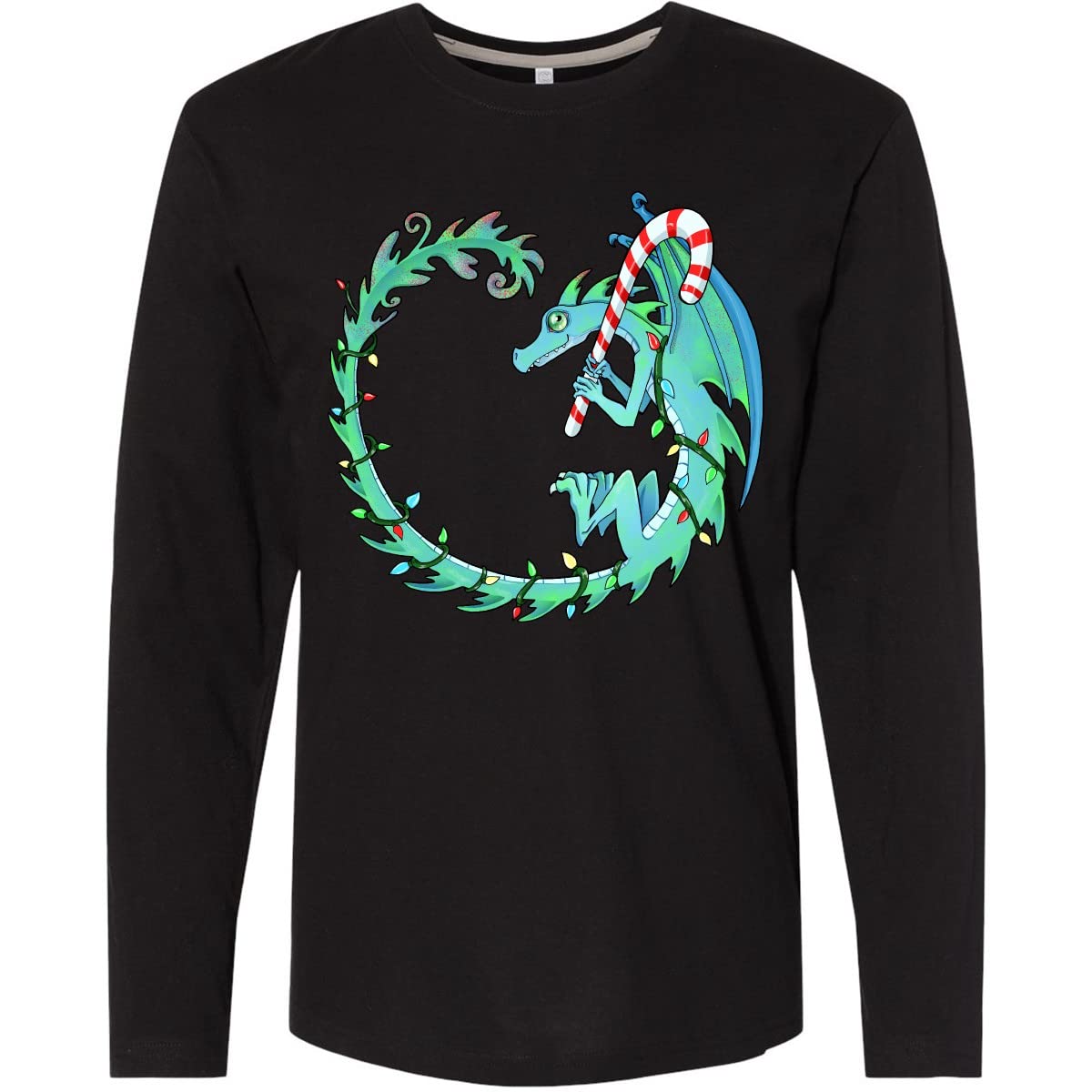 Inktastic Christmas Dragon with Candy Cane Print - Festive Holiday Long Sleeve T-Shirt for Adults - Perfect for Christmas Parties & Winter Family Gatherings