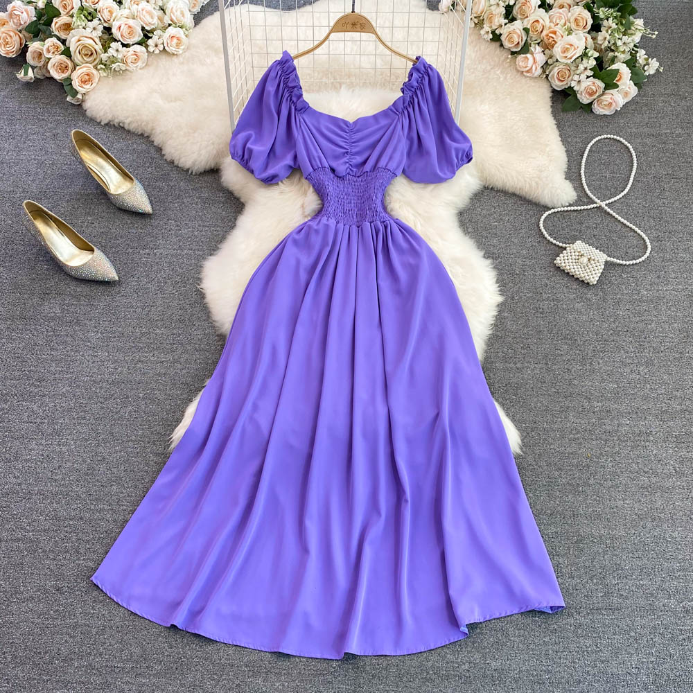 2023 Korean Style V-Neck Bubble Short Sleeve A-Line Dress - Elegant Flowy Midi Skirt for Women | Summer Casual, Beach Vacation & Date Night Outfits
