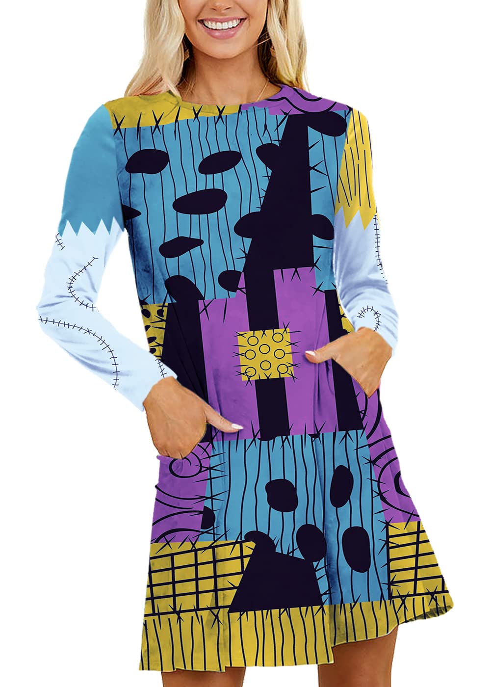Deerose Women's Halloween Costume Dress with Pockets - Funny Long Sleeve Party Outfit for Halloween, Cosplay, and Themed Events