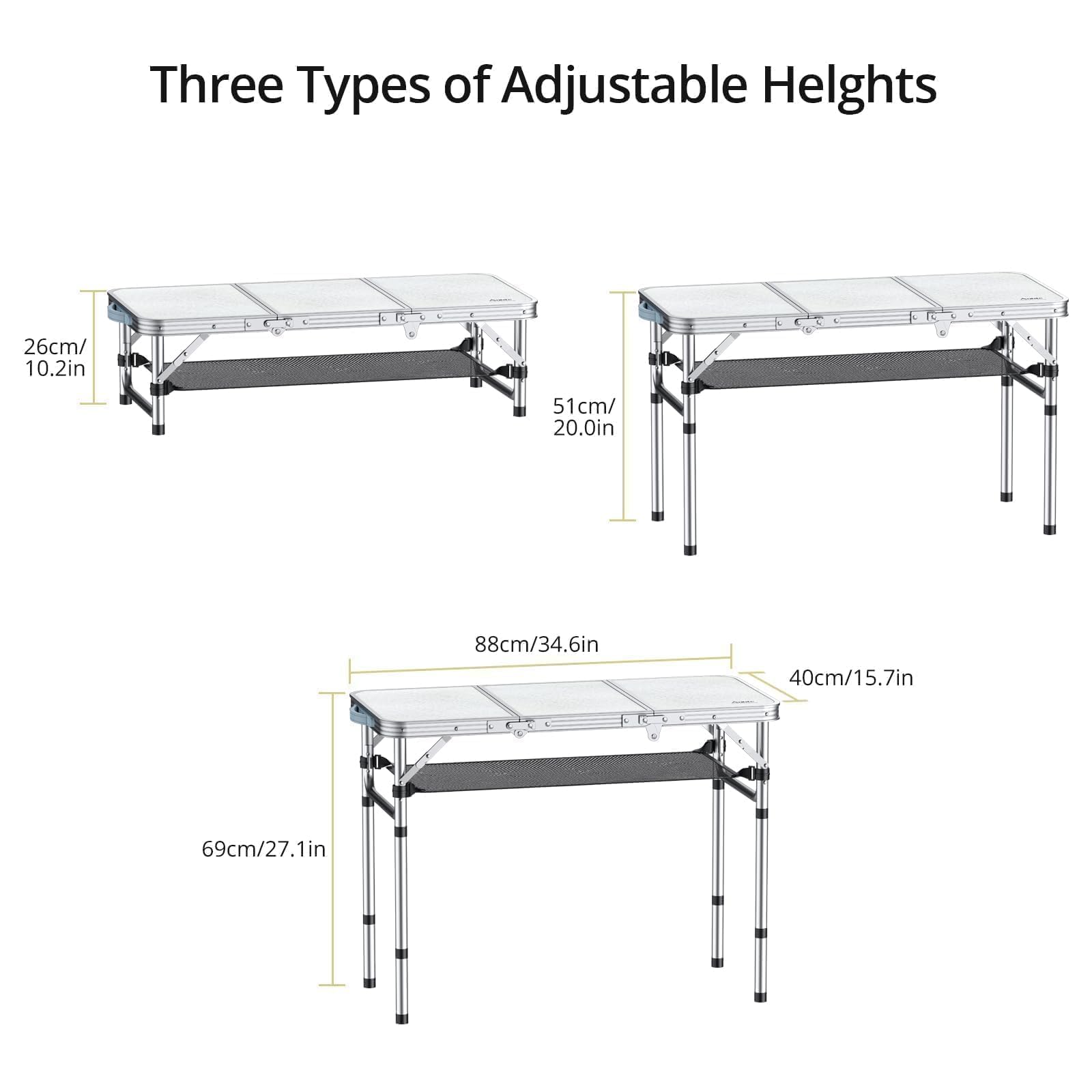 Portable 3ft Aluminum Folding Camping Table with Storage Net - 3 Adjustable Heights up to 27.1