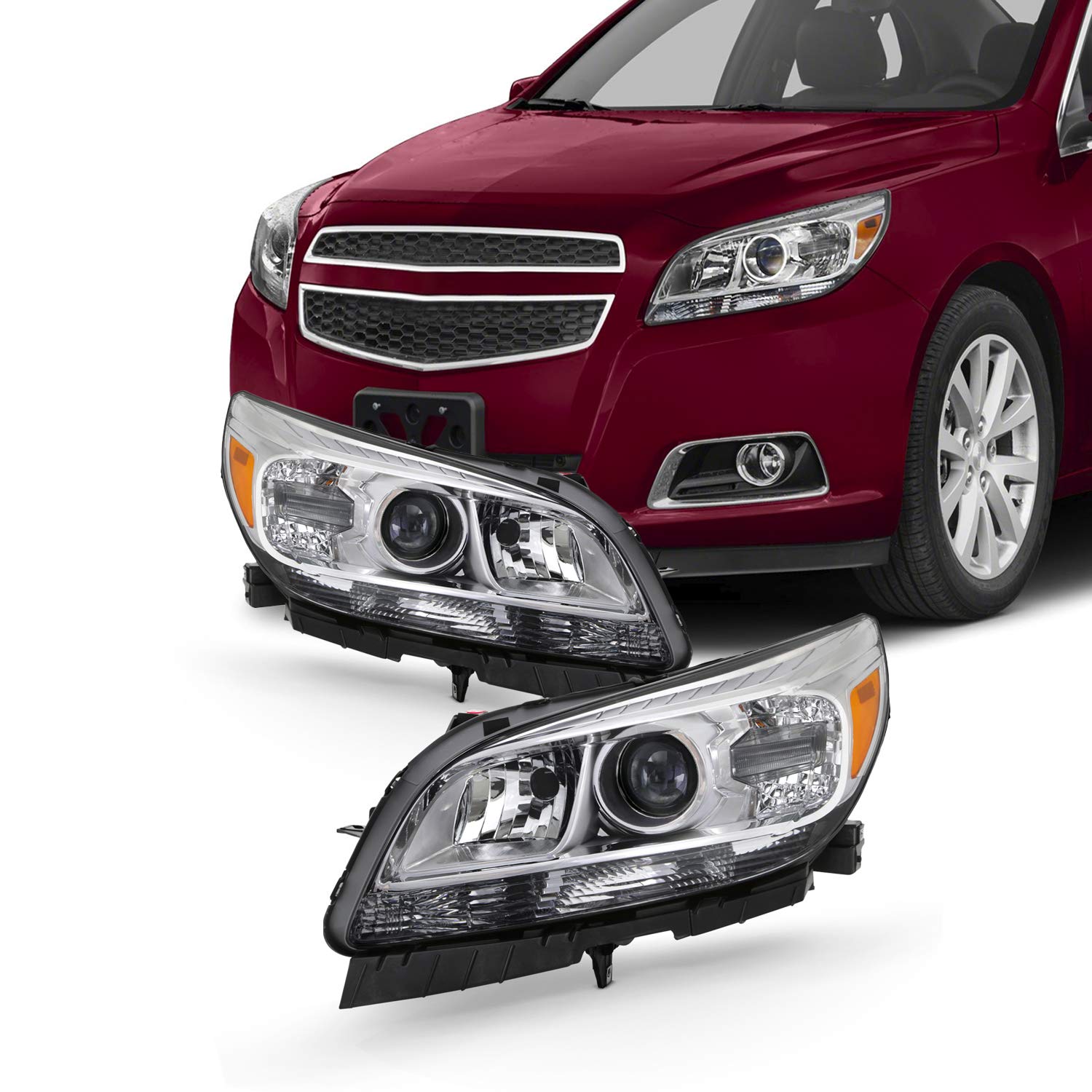 AKKON Projector Style Halogen Chrome Headlights Pair for 2013-2016 Chevy Malibu & Malibu Limited (Eco/LT/LTZ) - Left & Right Headlights - Upgrade for Night Driving & Enhanced Visibility