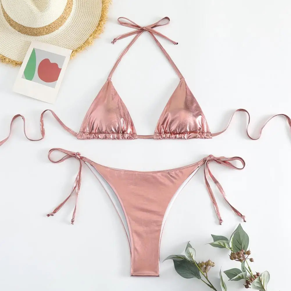 Sexy Gold Halter Lace Up Bikini Set for Women - 2 Piece Swimwear with Beach Cover Up | Perfect for Pool Parties, Beach Vacations & Summer Getaways