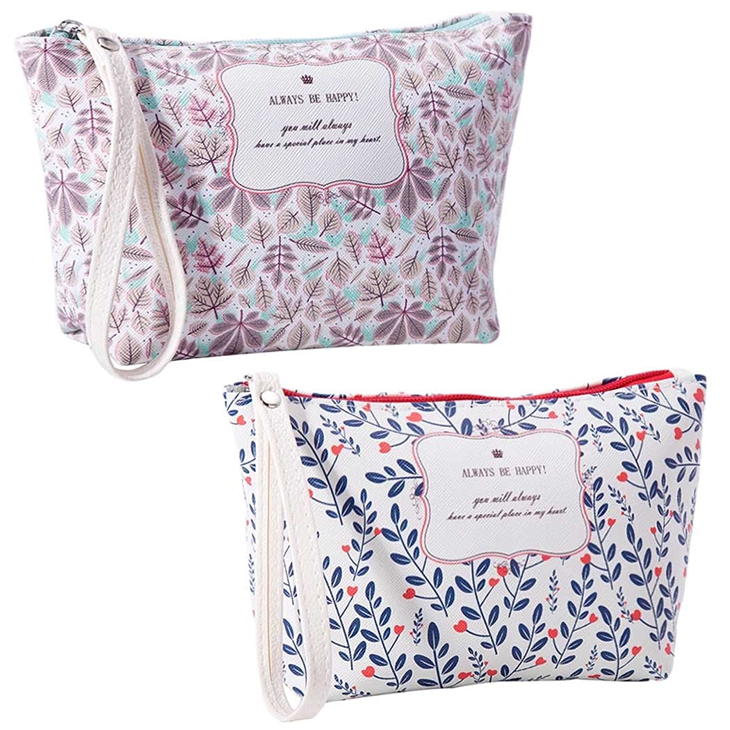 Blue Leaves Waterproof Cosmetic Bags (2Pcs) - Travel Makeup Organizer & Toiletry Pouch for Women | Portable for Vacation, Gym & Daily Use