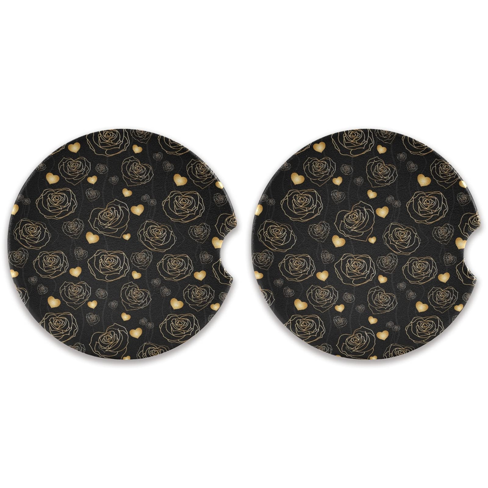 2 Pack MNSRUU Absorbent Car Cup Coasters with Cork Backing - Floral Gold Rose Design (2.5 Inches) | Non-Slip Drink Holders for Vehicles, Office & Home Use